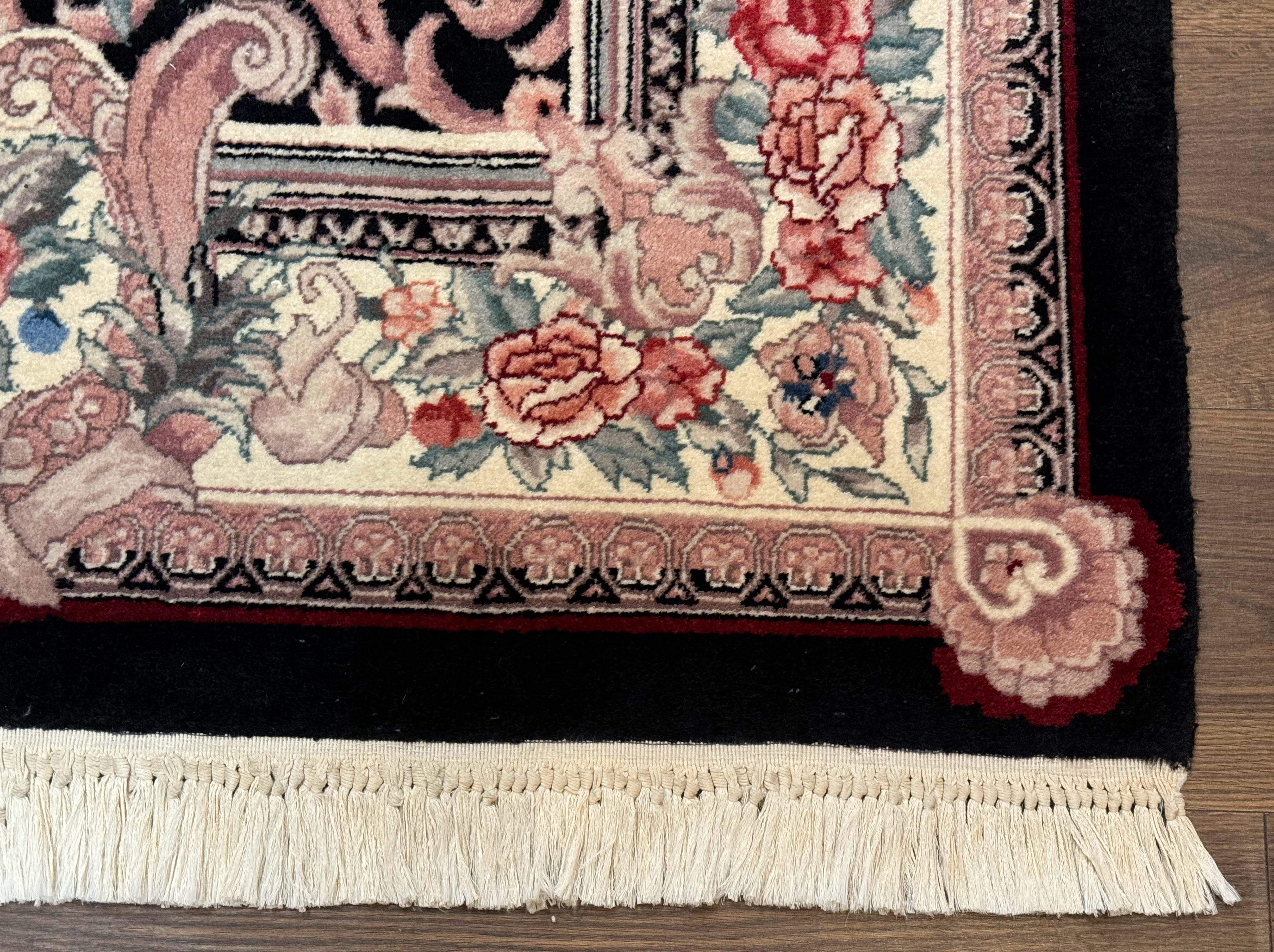 Aubusson Rug 4x6, Elegant European Floral Design, Black and Ivory, Fine 200 KPSI - Image 9