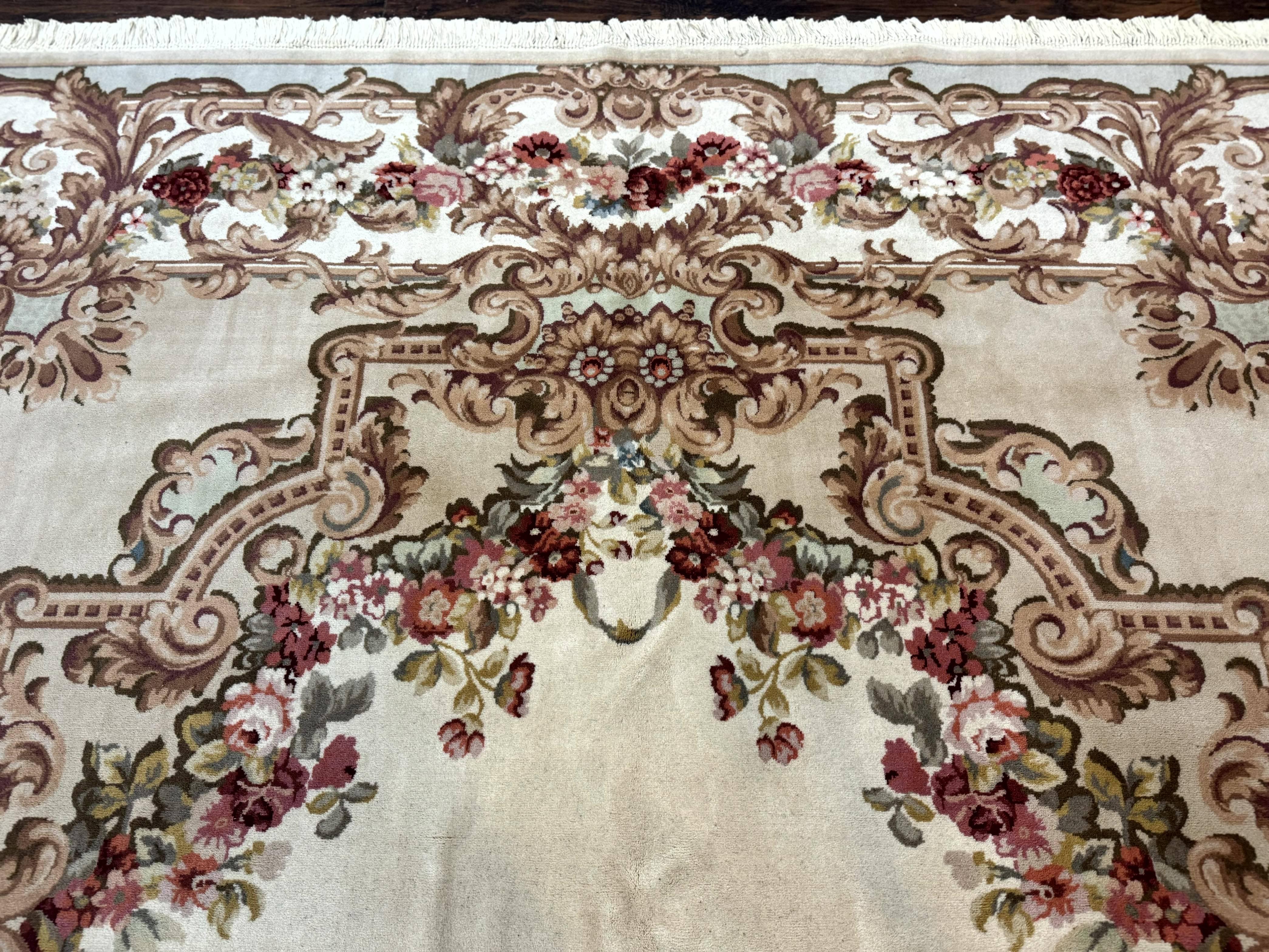 Aubusson Rug 8x12, European French Savonnerie Design, Thick Wool Pile, Elegant Rug, Cream Beige Light Green - Image 3