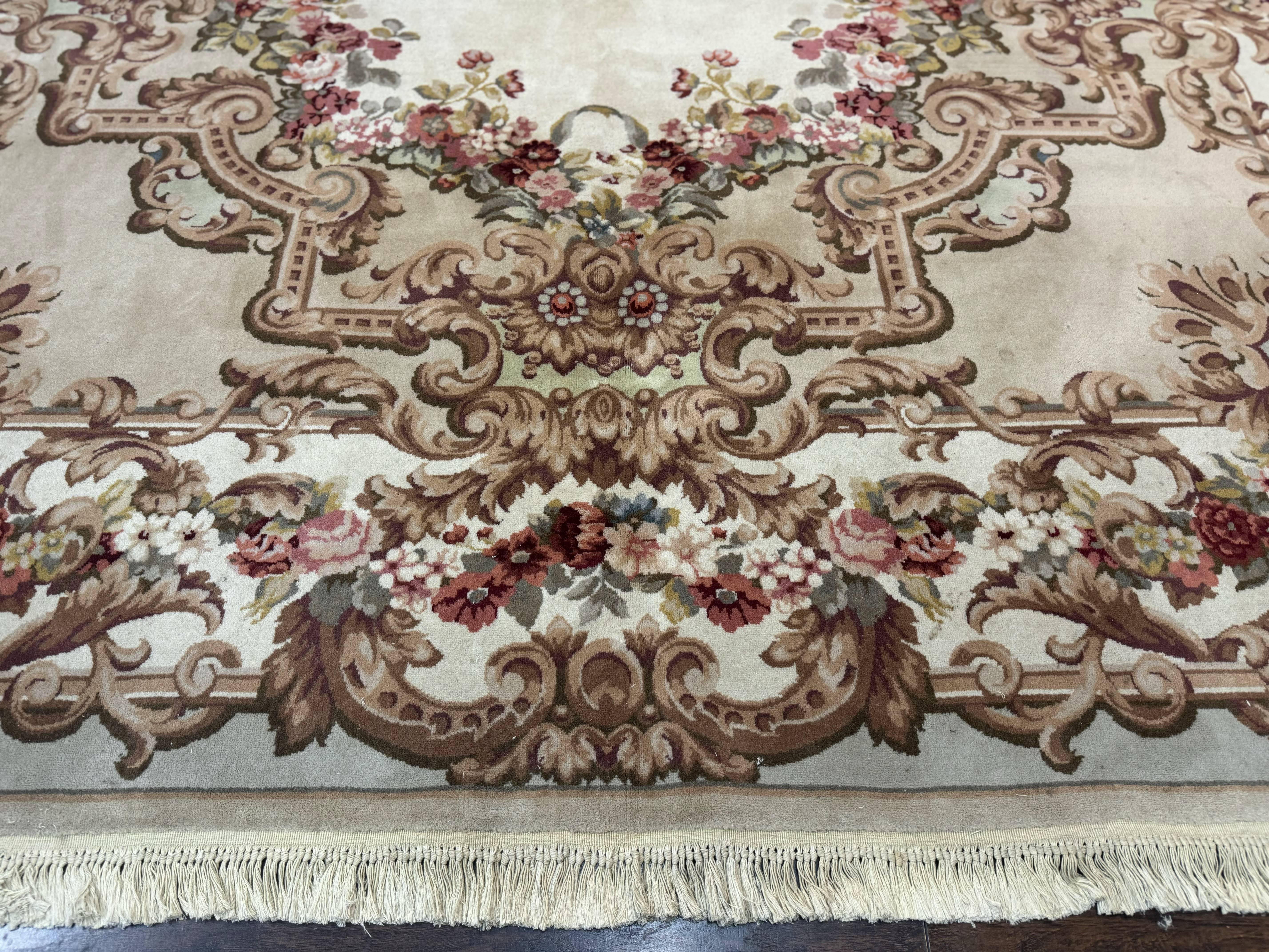Aubusson Rug 8x12, European French Savonnerie Design, Thick Wool Pile, Elegant Rug, Cream Beige Light Green - Image 5