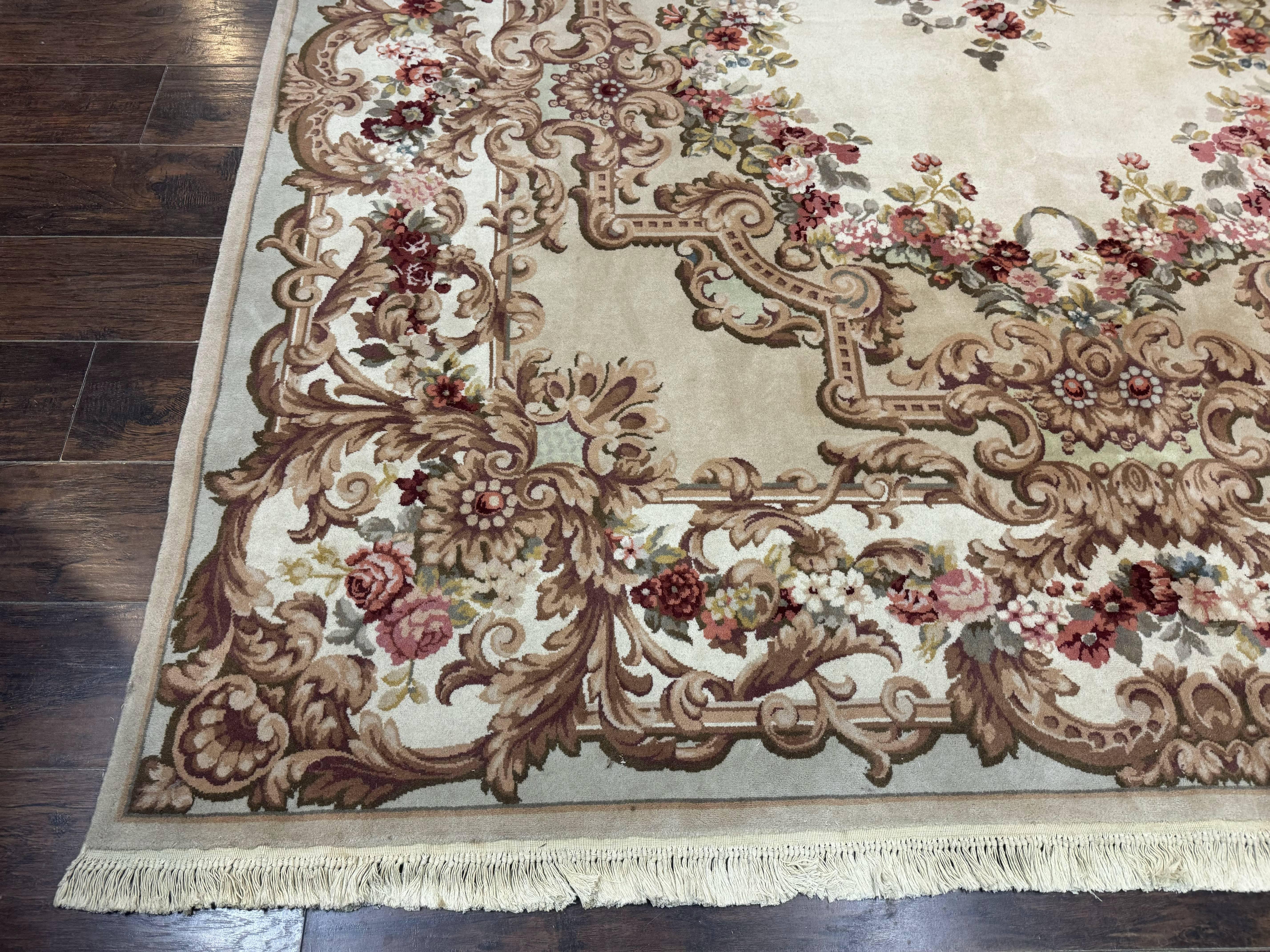 Aubusson Rug 8x12, European French Savonnerie Design, Thick Wool Pile, Elegant Rug, Cream Beige Light Green - Image 8
