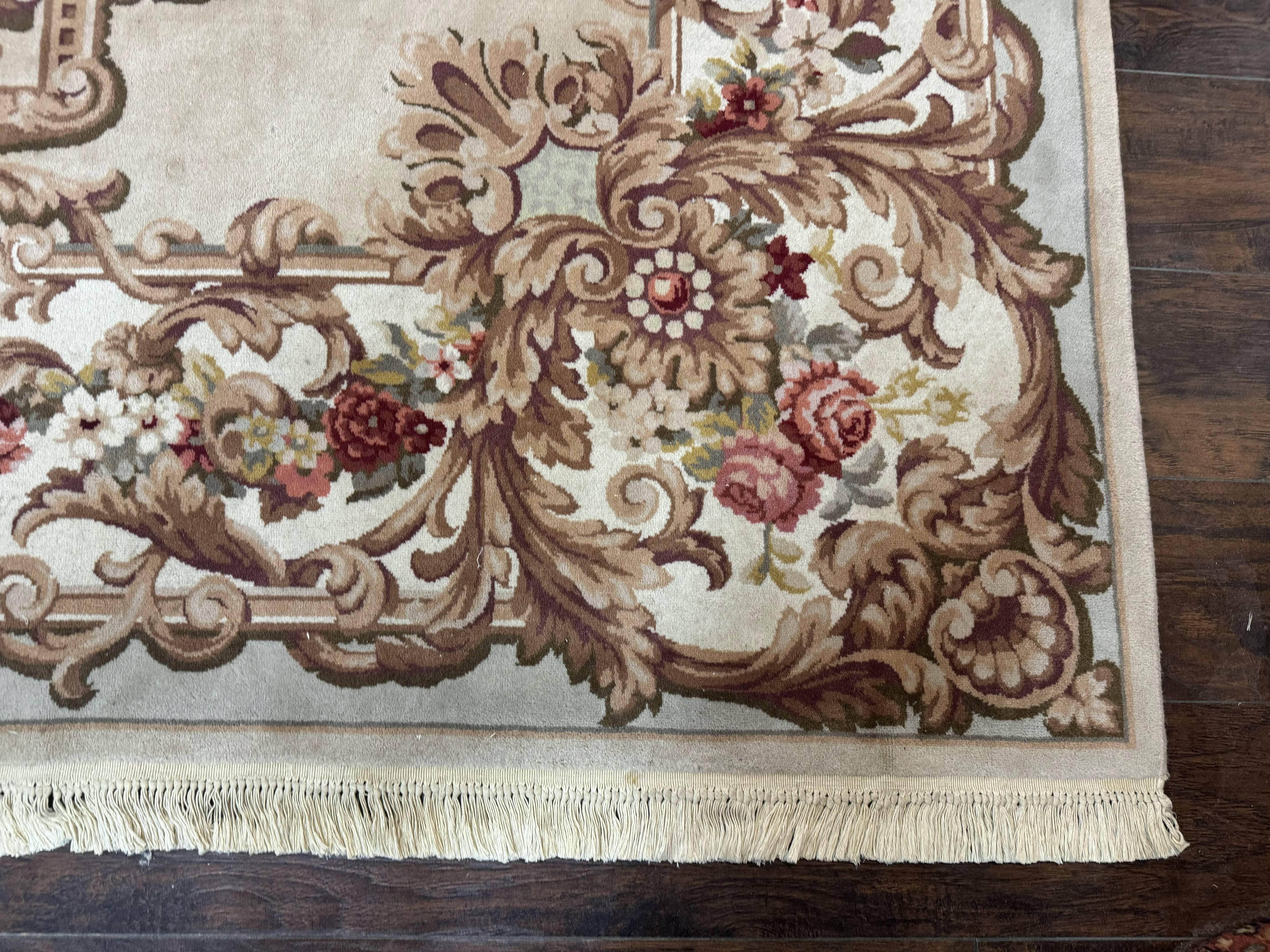 Aubusson Rug 8x12, European French Savonnerie Design, Thick Wool Pile, Elegant Rug, Cream Beige Light Green - Image 9