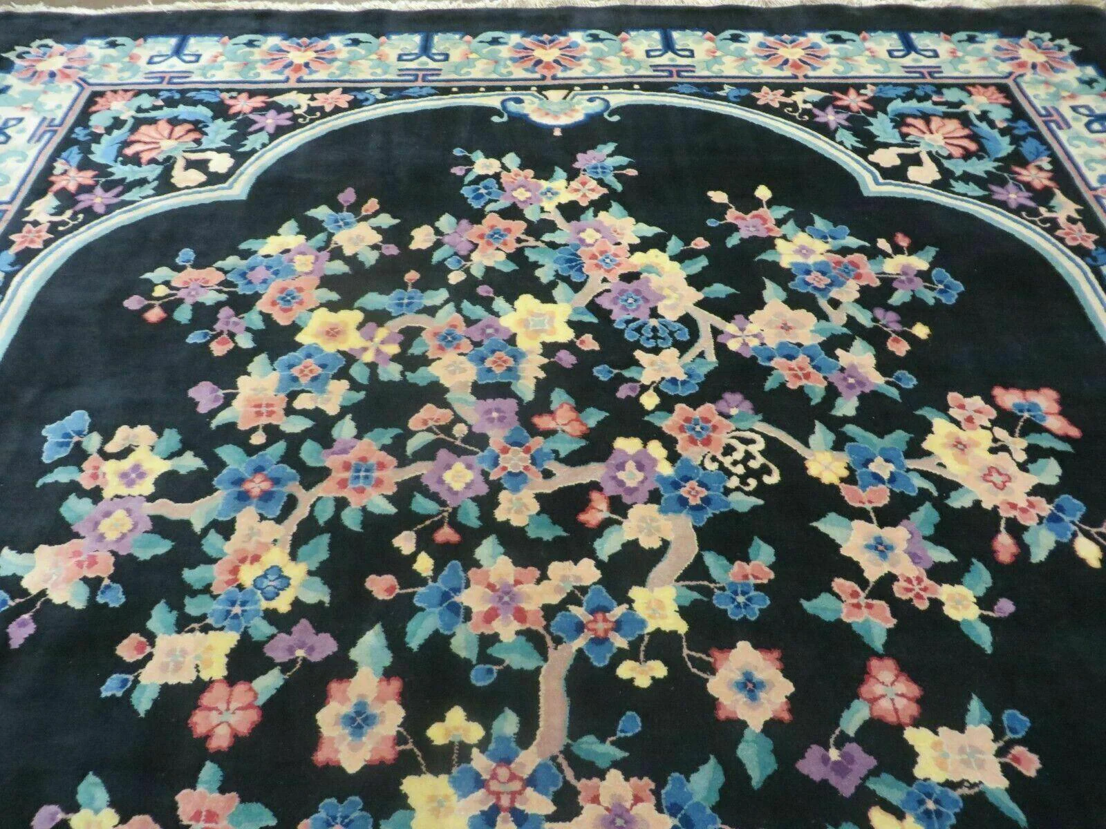 Black Chinese Wool Rug 8x10, Art Deco Floral Carpet, Soft Plush Pile - Image 10