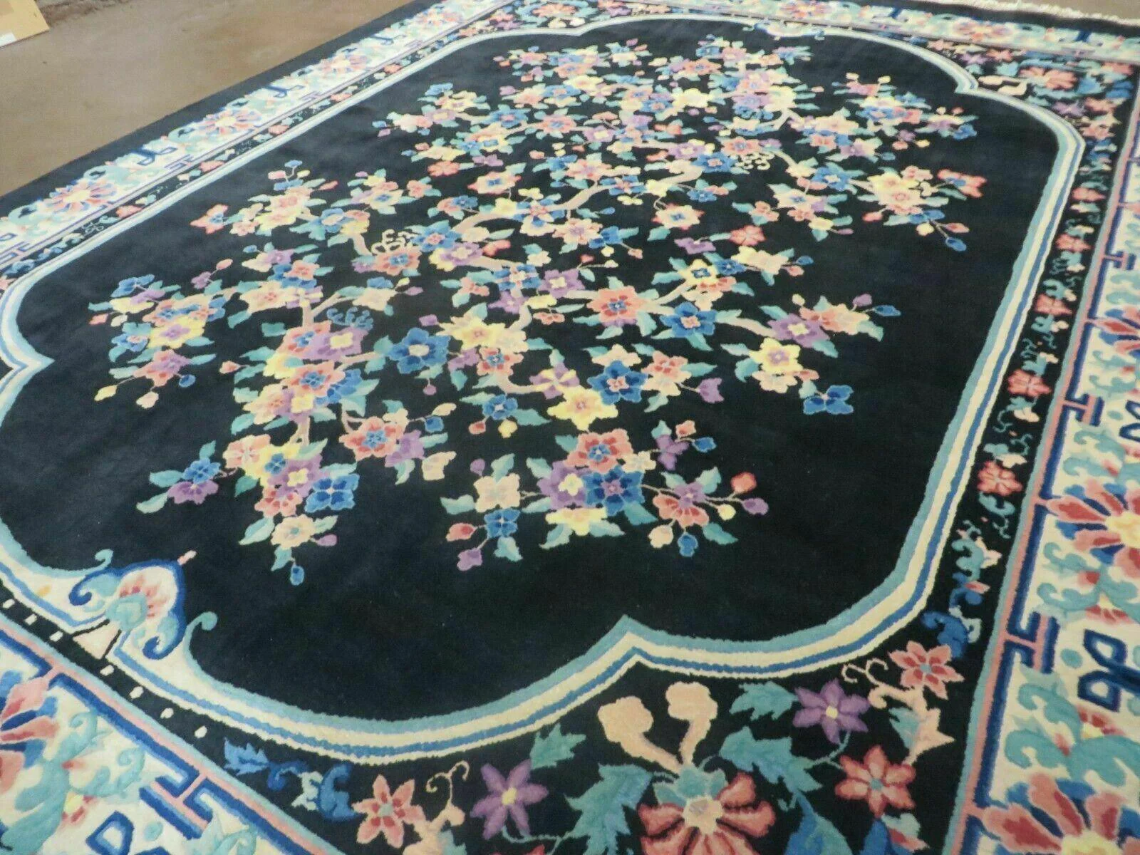 Black Chinese Wool Rug 8x10, Art Deco Floral Carpet, Soft Plush Pile - Image 11