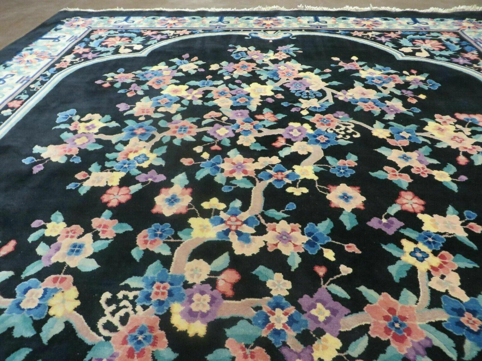 Black Chinese Wool Rug 8x10, Art Deco Floral Carpet, Soft Plush Pile - Image 12