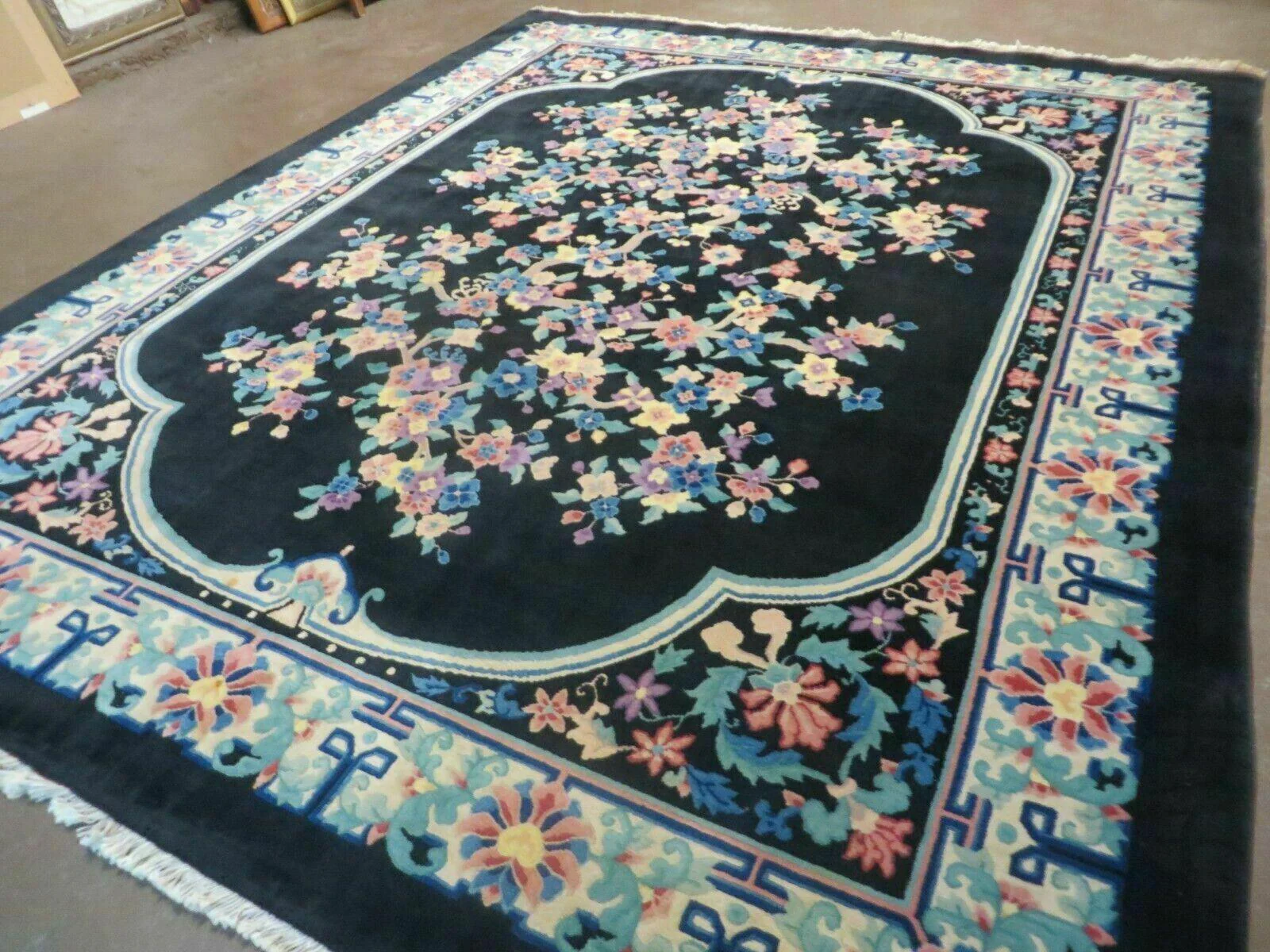 Black Chinese Wool Rug 8x10, Art Deco Floral Carpet, Soft Plush Pile - Image 2