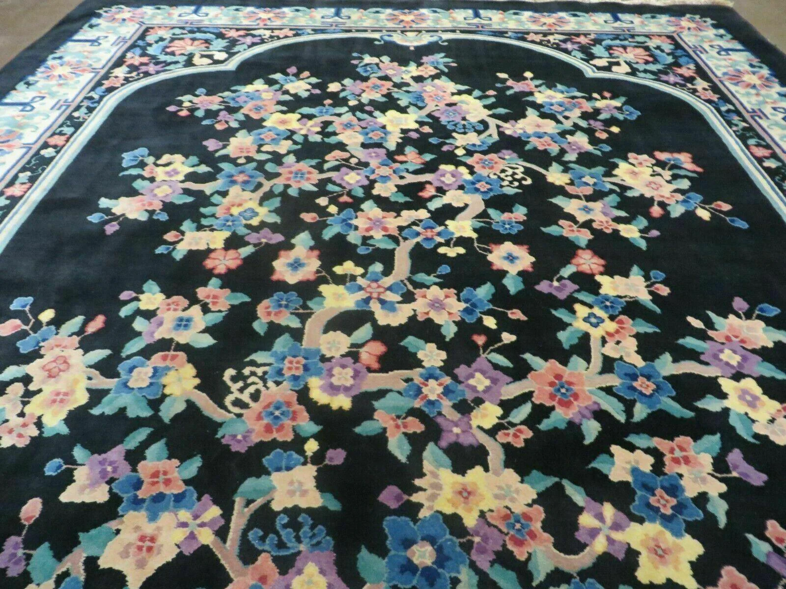 Black Chinese Wool Rug 8x10, Art Deco Floral Carpet, Soft Plush Pile - Image 4