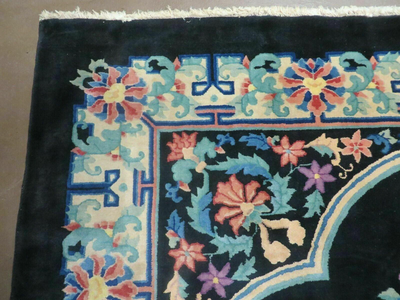 Black Chinese Wool Rug 8x10, Art Deco Floral Carpet, Soft Plush Pile - Image 5