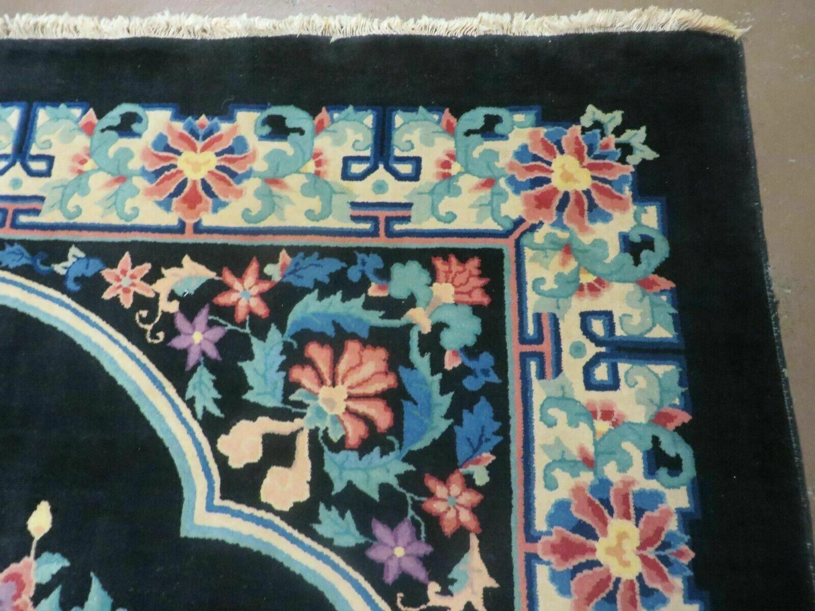 Black Chinese Wool Rug 8x10, Art Deco Floral Carpet, Soft Plush Pile - Image 6