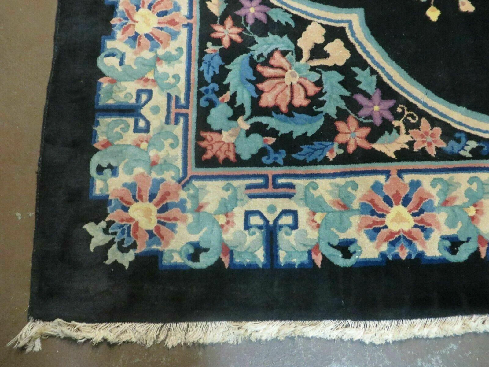 Black Chinese Wool Rug 8x10, Art Deco Floral Carpet, Soft Plush Pile - Image 7