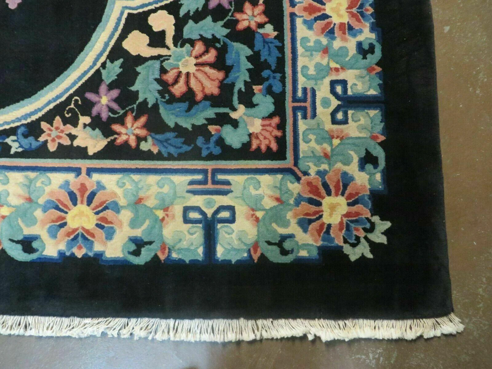 Black Chinese Wool Rug 8x10, Art Deco Floral Carpet, Soft Plush Pile - Image 8