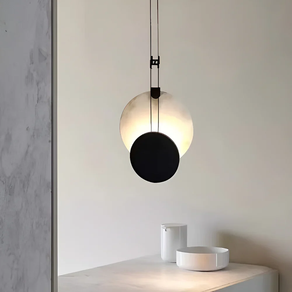 Black Paint Iron Disc Marble Pendant Lamp - Image 2