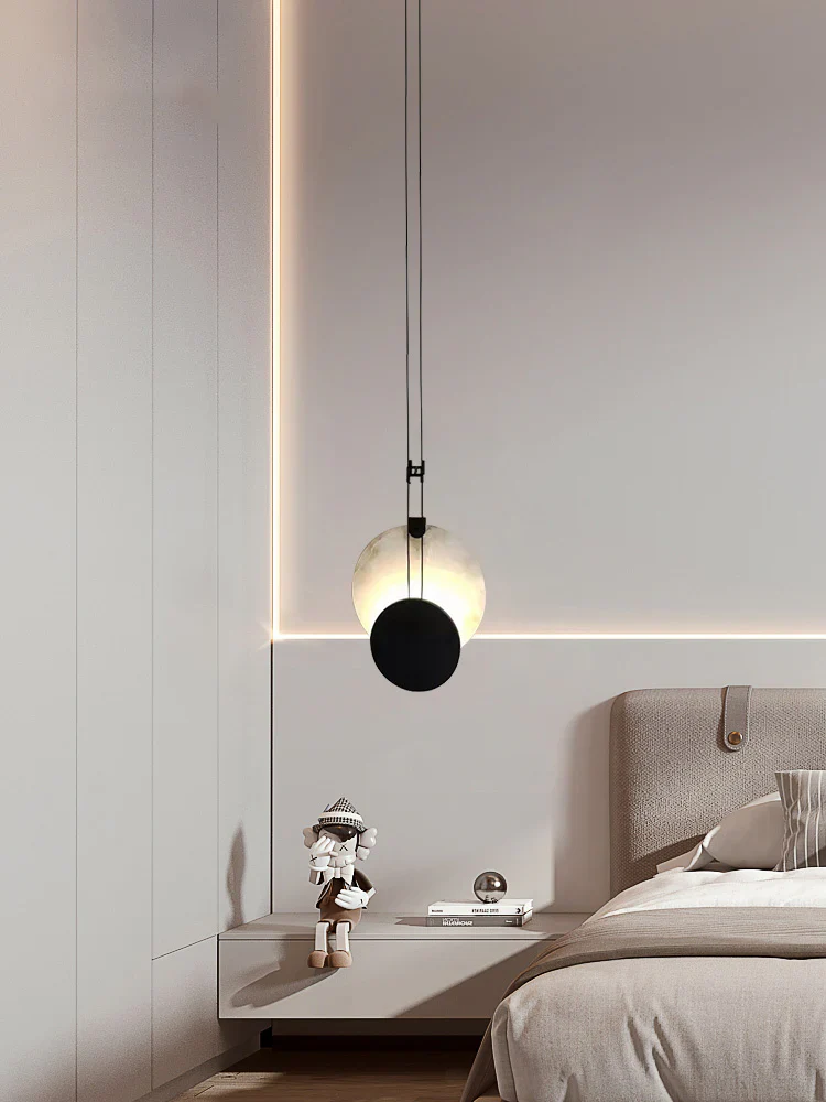 Black Paint Iron Disc Marble Pendant Lamp - Image 3