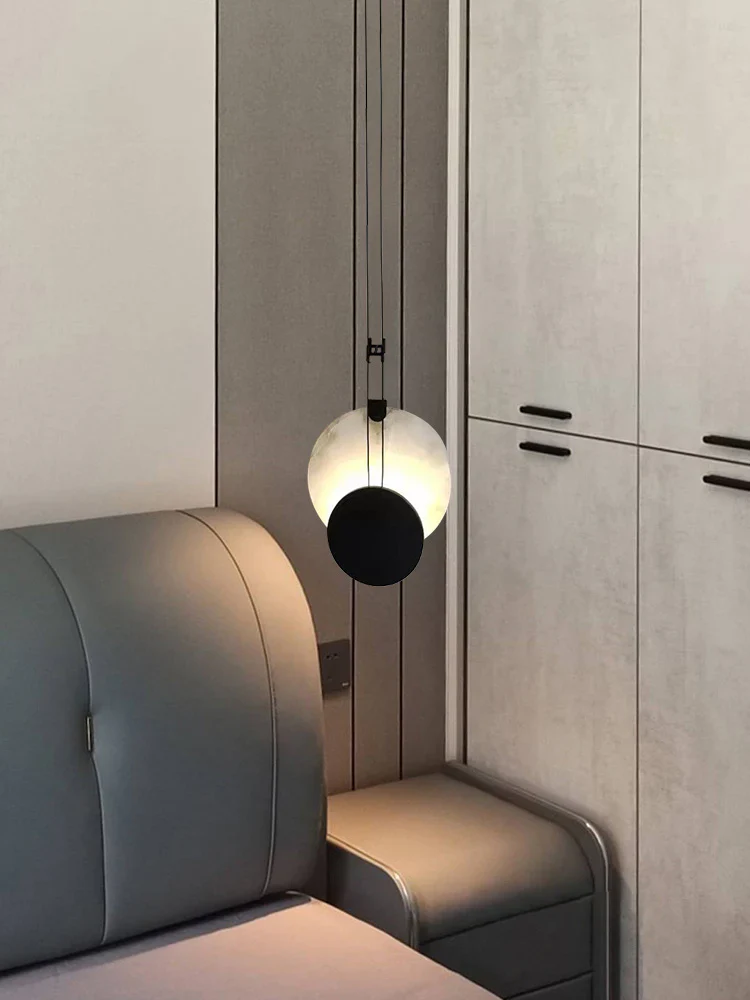 Black Paint Iron Disc Marble Pendant Lamp - Image 4