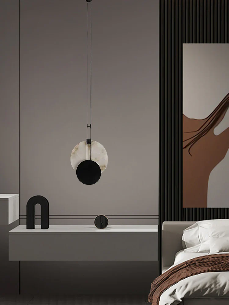 Black Paint Iron Disc Marble Pendant Lamp - Image 6
