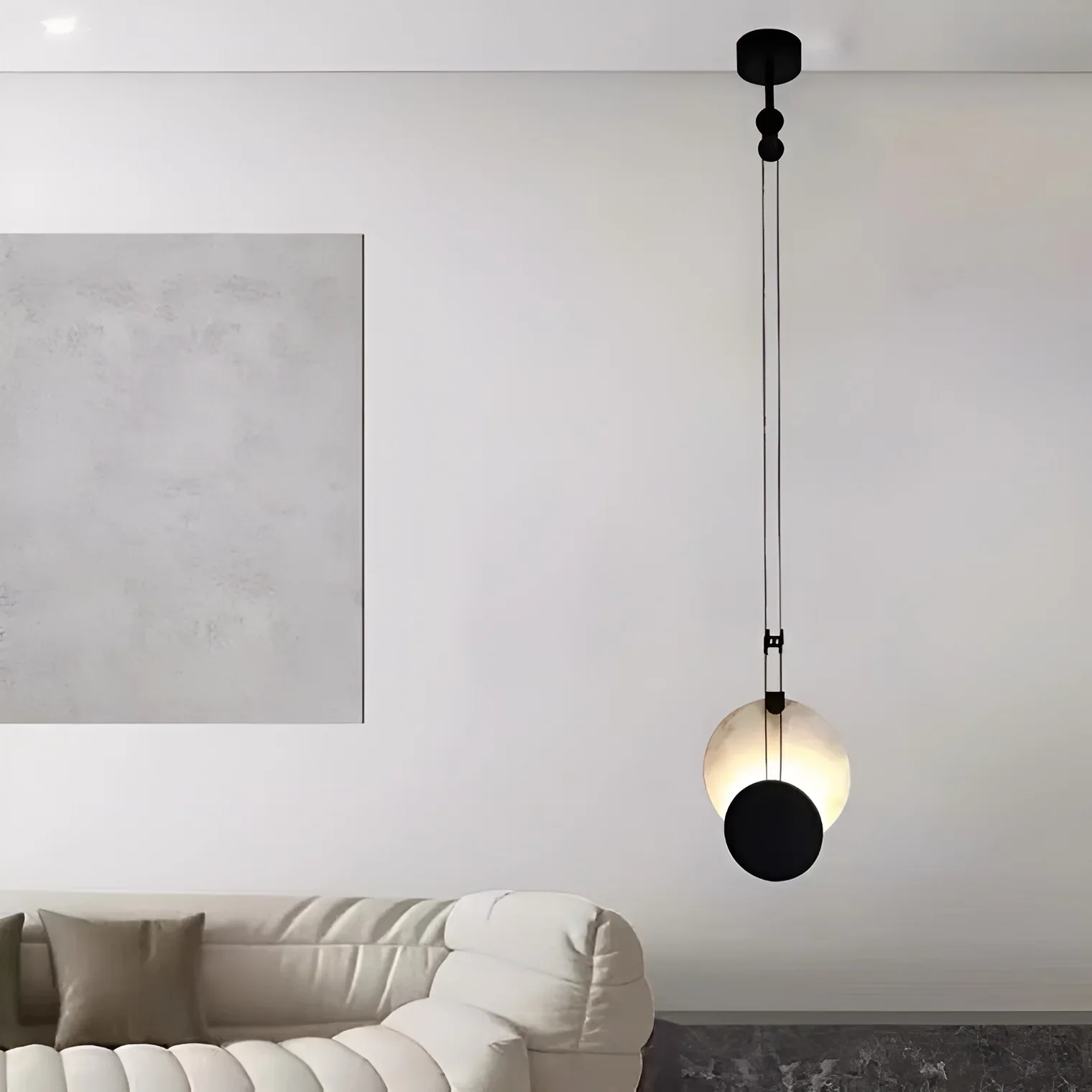 Black Paint Iron Disc Marble Pendant Lamp - Image 9