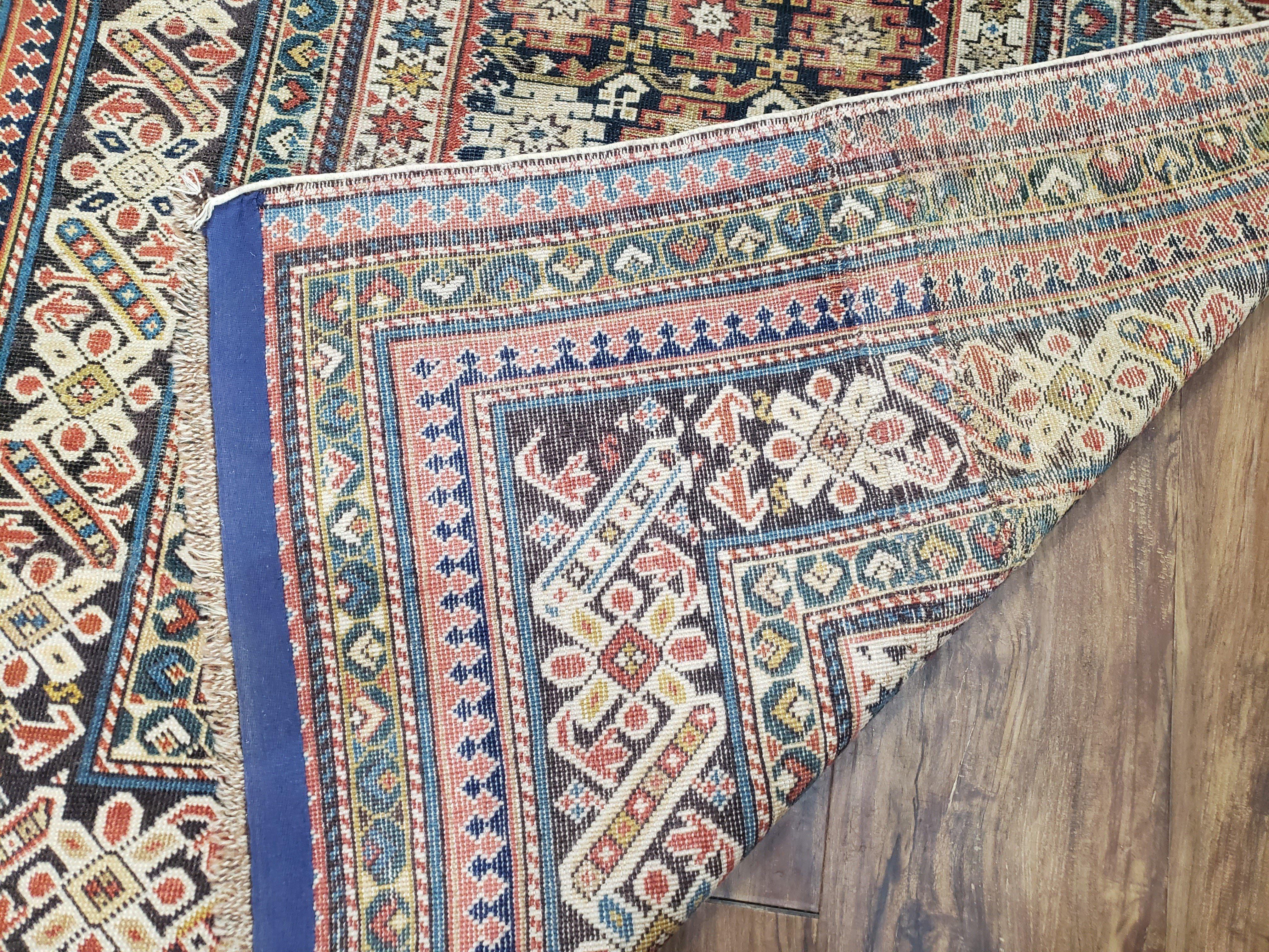 Caucasian Rug 3'9" x 5'7", Antique 1920s Collectible Caucasian Chi Chi Carpet, Hand Knotted, Colorful, Dark Blue Cream Red, Wool, Small Rug - Image 10