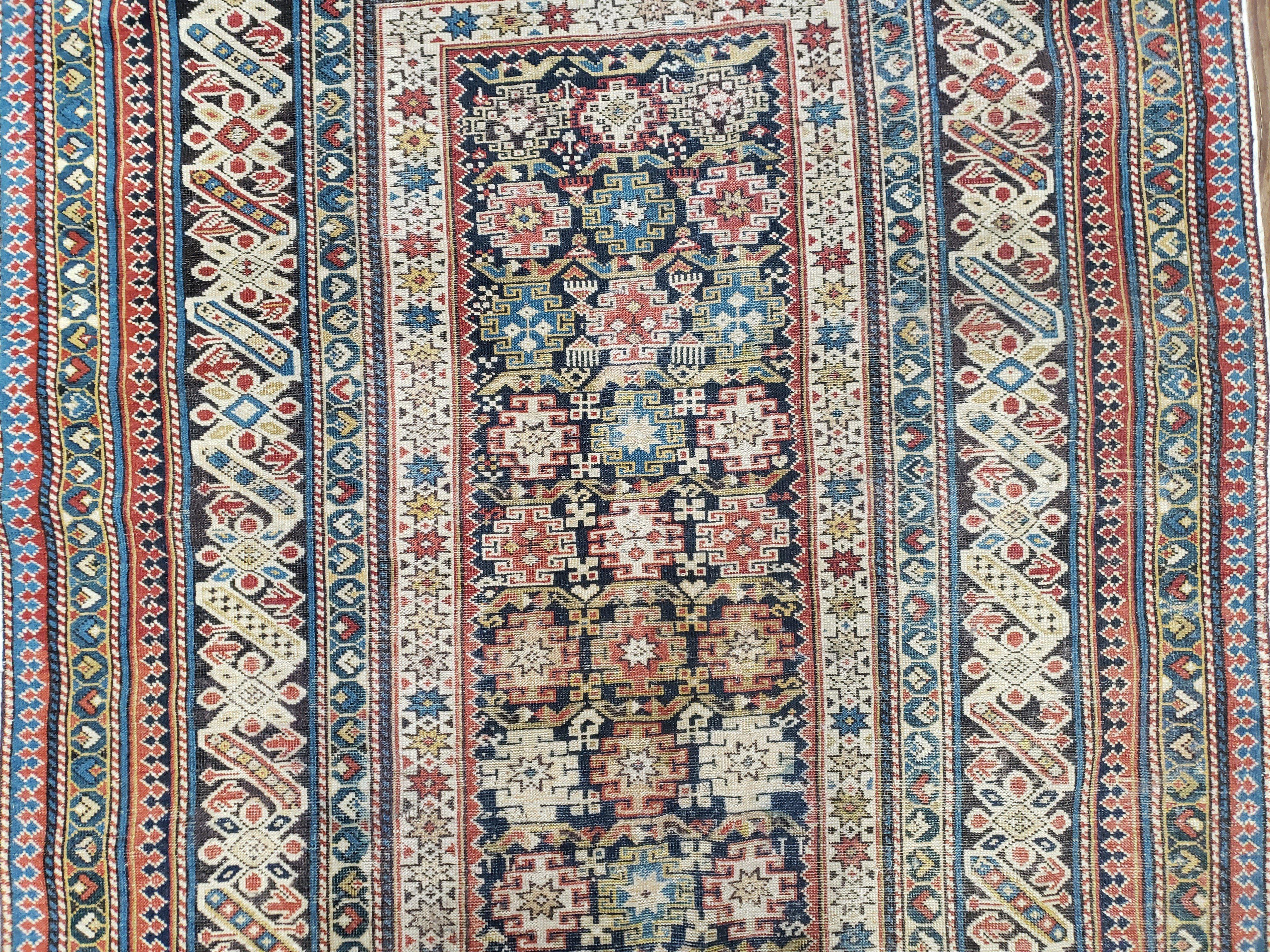 Caucasian Rug 3'9" x 5'7", Antique 1920s Collectible Caucasian Chi Chi Carpet, Hand Knotted, Colorful, Dark Blue Cream Red, Wool, Small Rug - Image 11