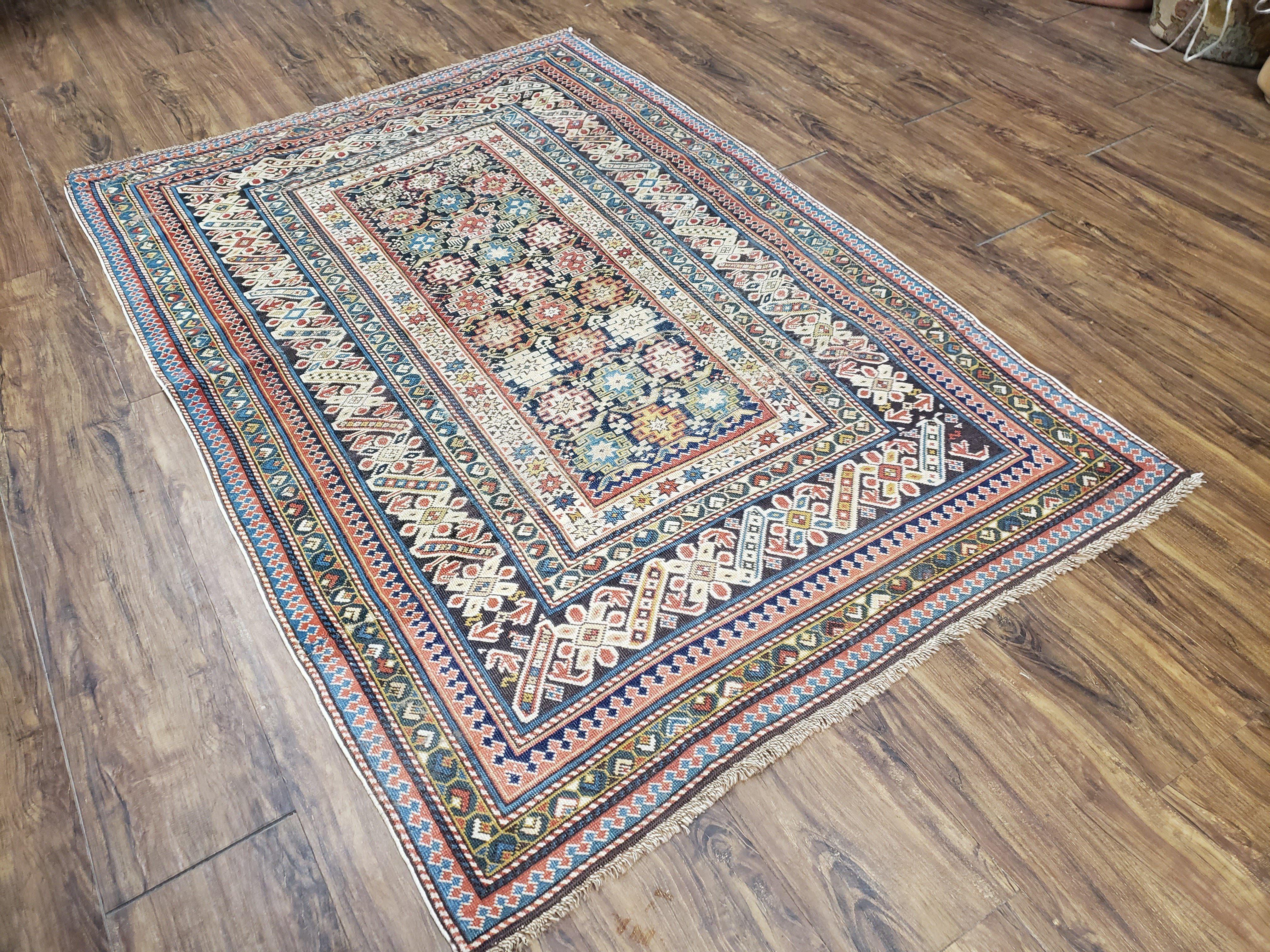 Caucasian Rug 3'9" x 5'7", Antique 1920s Collectible Caucasian Chi Chi Carpet, Hand Knotted, Colorful, Dark Blue Cream Red, Wool, Small Rug - Image 12