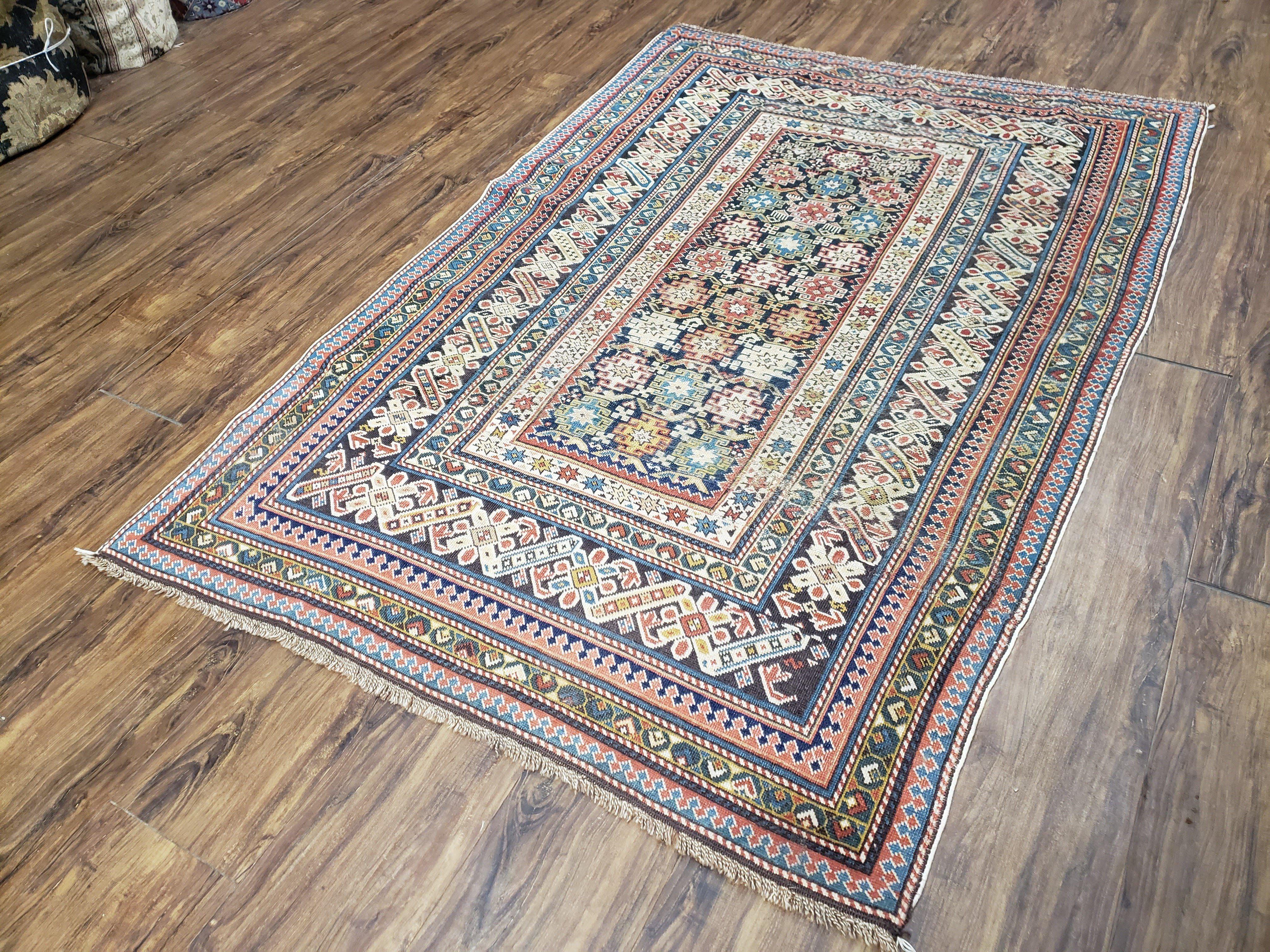 Caucasian Rug 3'9" x 5'7", Antique 1920s Collectible Caucasian Chi Chi Carpet, Hand Knotted, Colorful, Dark Blue Cream Red, Wool, Small Rug - Image 2