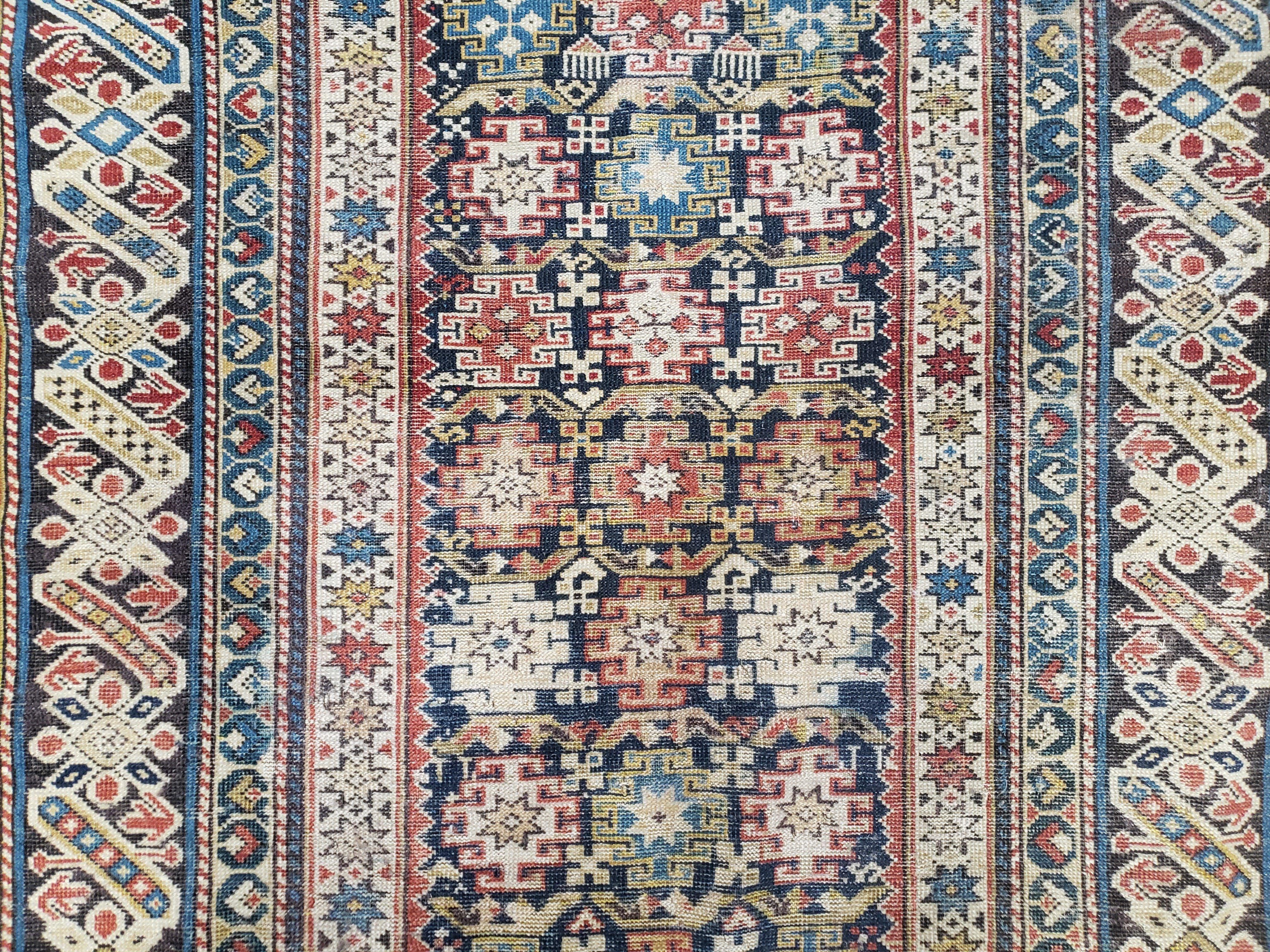 Caucasian Rug 3'9" x 5'7", Antique 1920s Collectible Caucasian Chi Chi Carpet, Hand Knotted, Colorful, Dark Blue Cream Red, Wool, Small Rug - Image 4