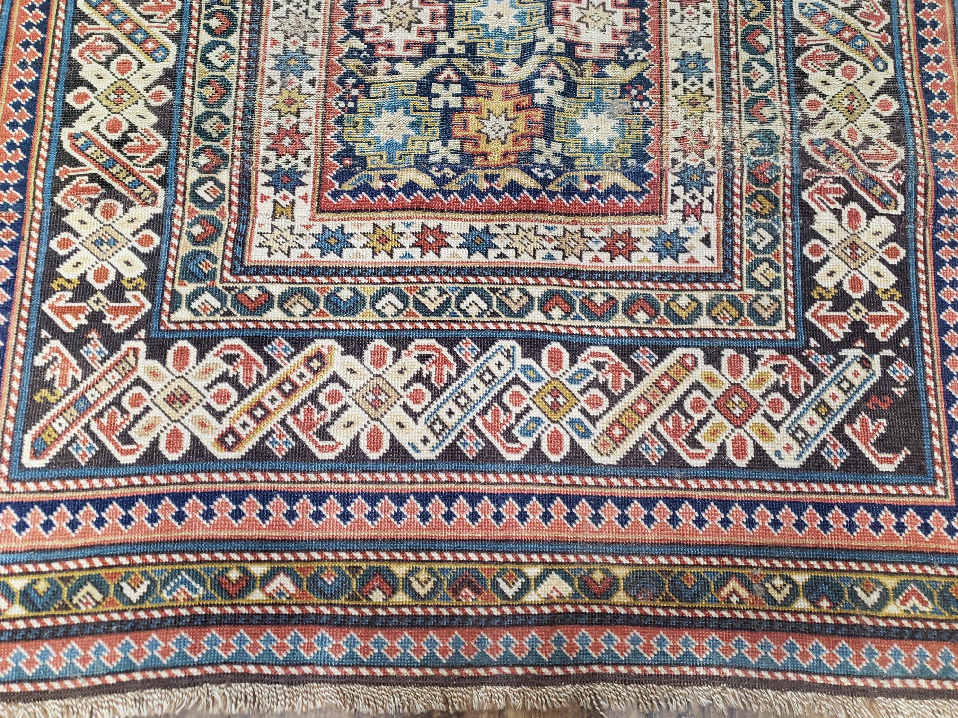 Caucasian Rug 3'9" x 5'7", Antique 1920s Collectible Caucasian Chi Chi Carpet, Hand Knotted, Colorful, Dark Blue Cream Red, Wool, Small Rug - Image 5