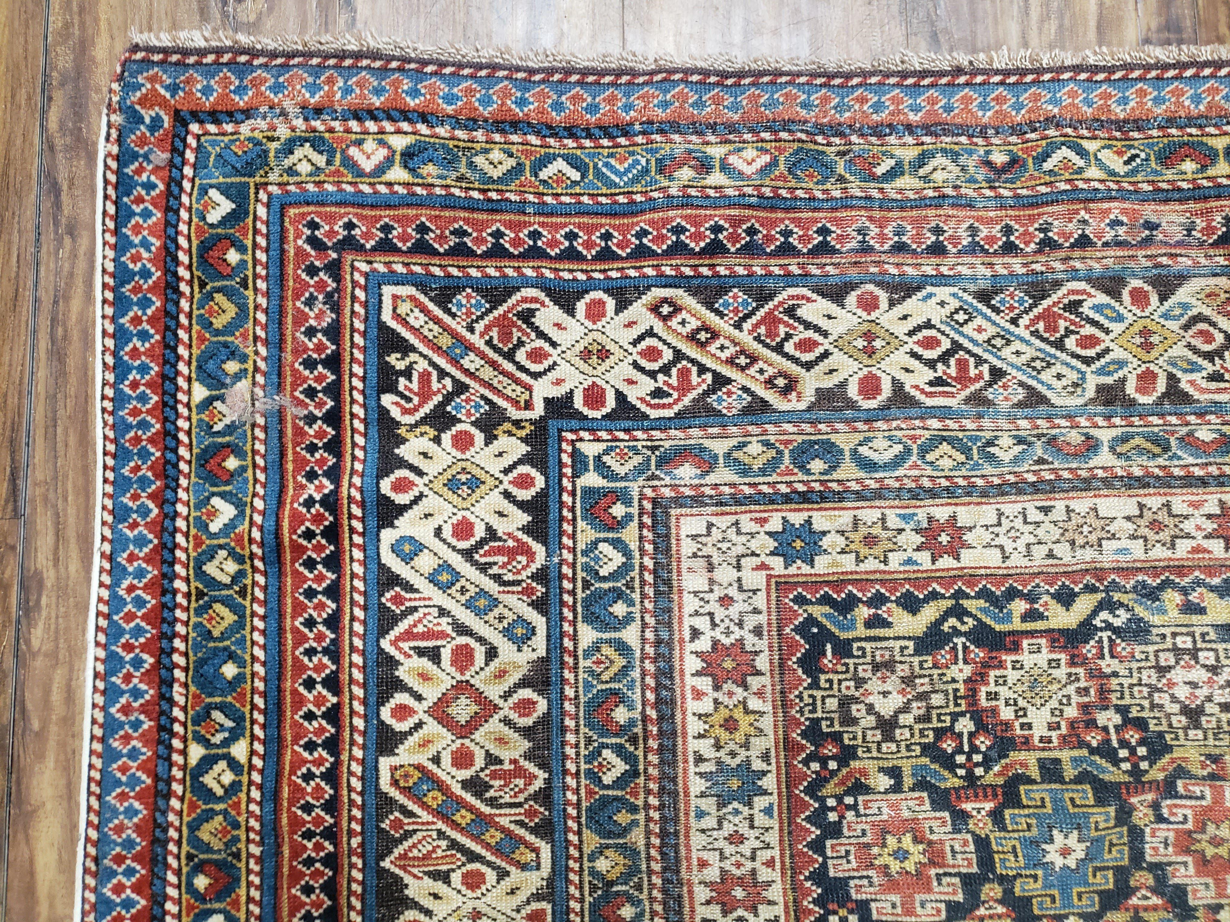 Caucasian Rug 3'9" x 5'7", Antique 1920s Collectible Caucasian Chi Chi Carpet, Hand Knotted, Colorful, Dark Blue Cream Red, Wool, Small Rug - Image 6