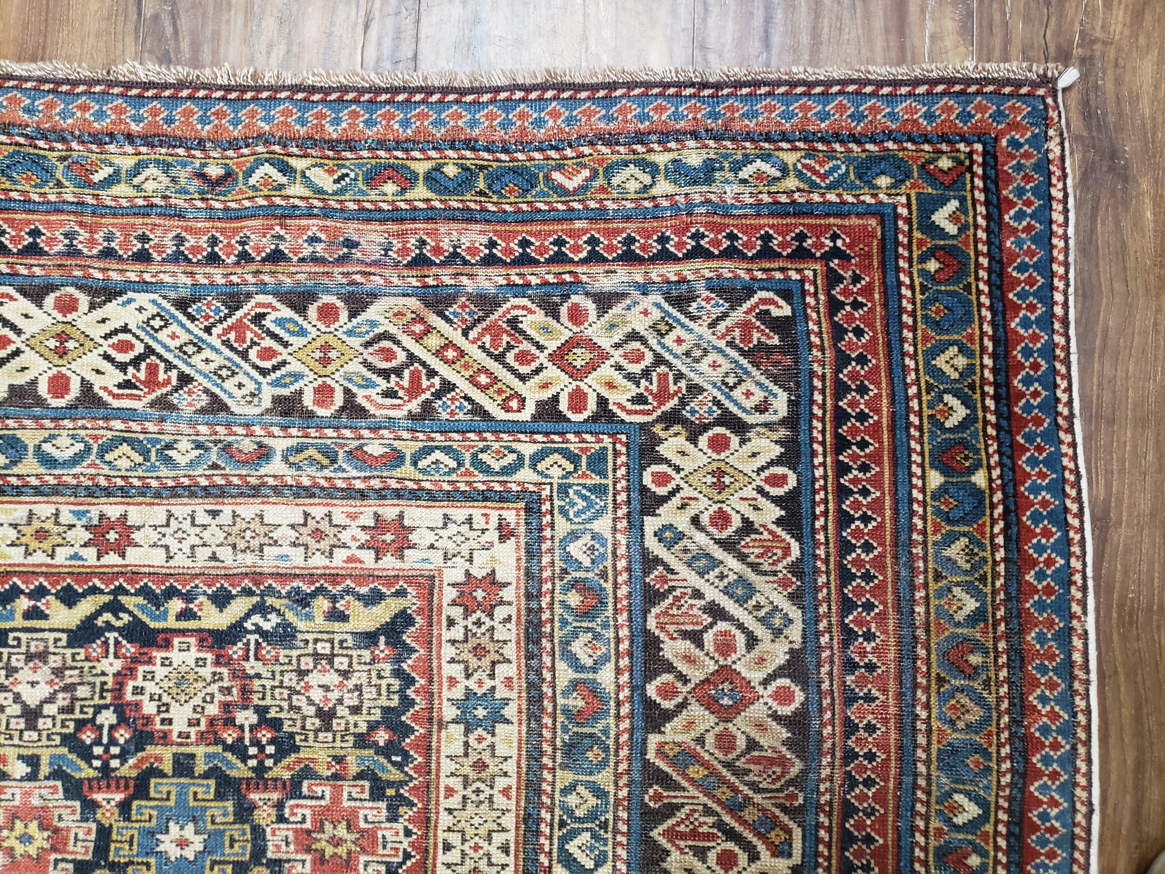 Caucasian Rug 3'9" x 5'7", Antique 1920s Collectible Caucasian Chi Chi Carpet, Hand Knotted, Colorful, Dark Blue Cream Red, Wool, Small Rug - Image 7