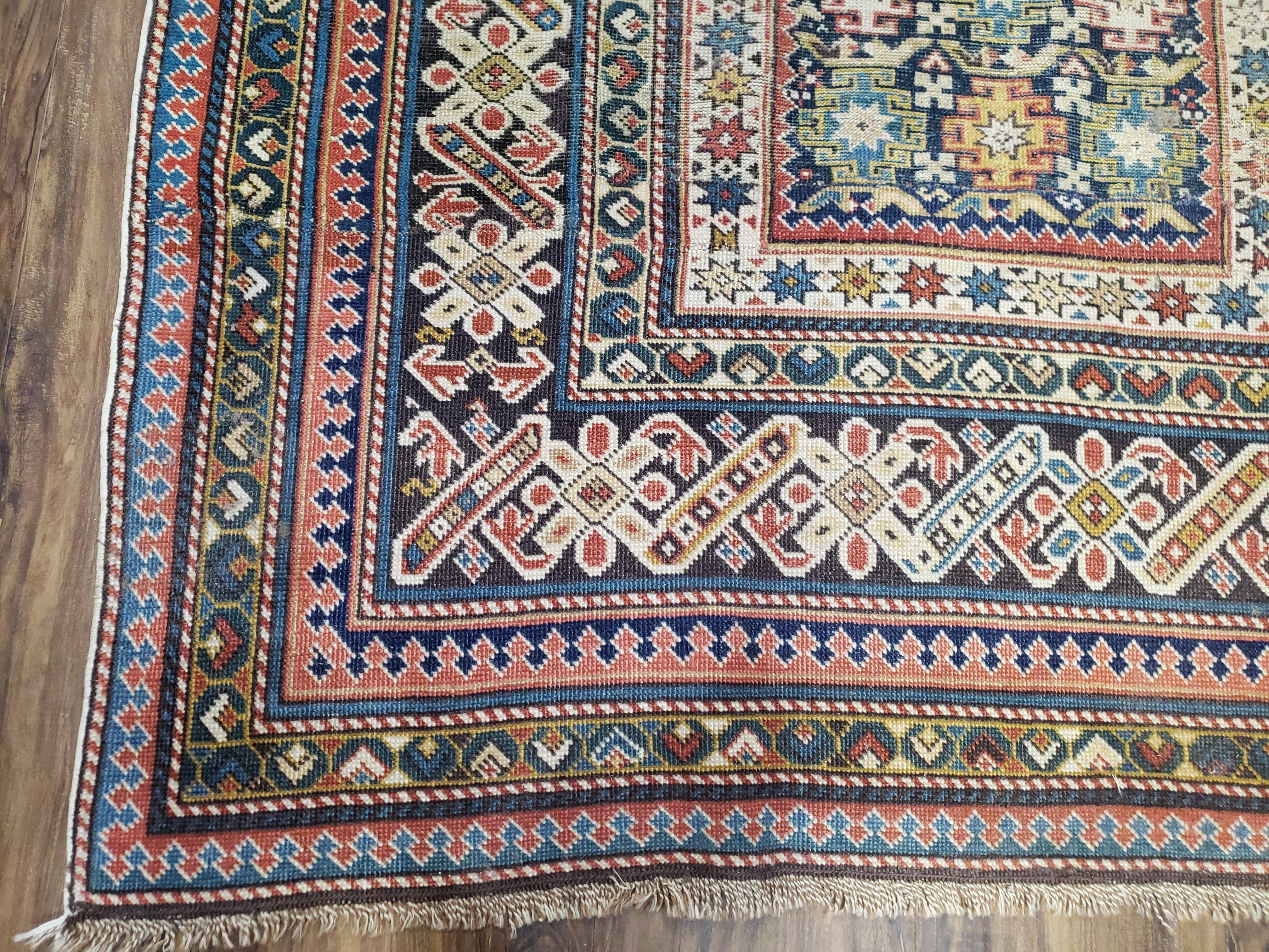 Caucasian Rug 3'9" x 5'7", Antique 1920s Collectible Caucasian Chi Chi Carpet, Hand Knotted, Colorful, Dark Blue Cream Red, Wool, Small Rug - Image 8