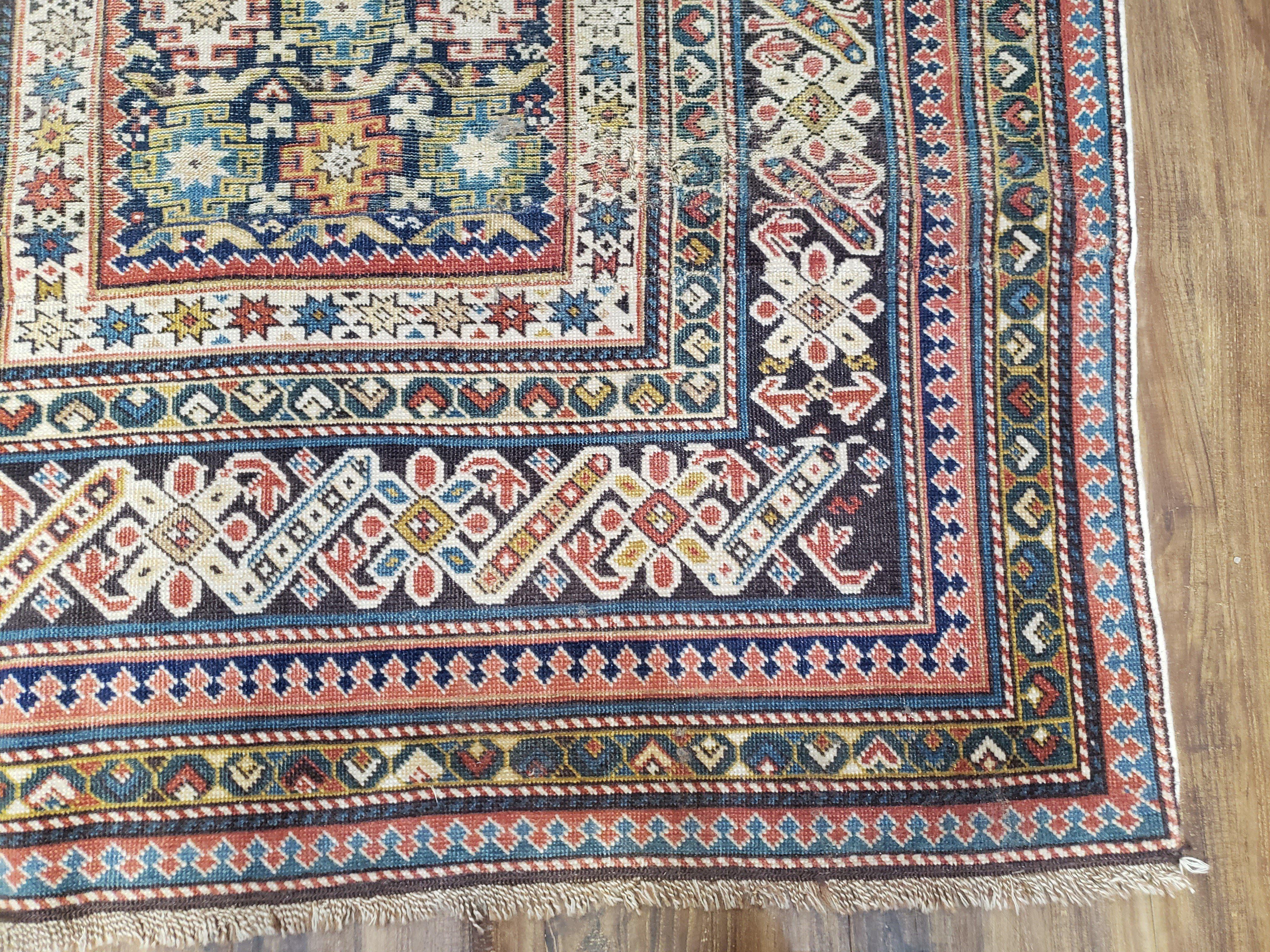 Caucasian Rug 3'9" x 5'7", Antique 1920s Collectible Caucasian Chi Chi Carpet, Hand Knotted, Colorful, Dark Blue Cream Red, Wool, Small Rug - Image 9