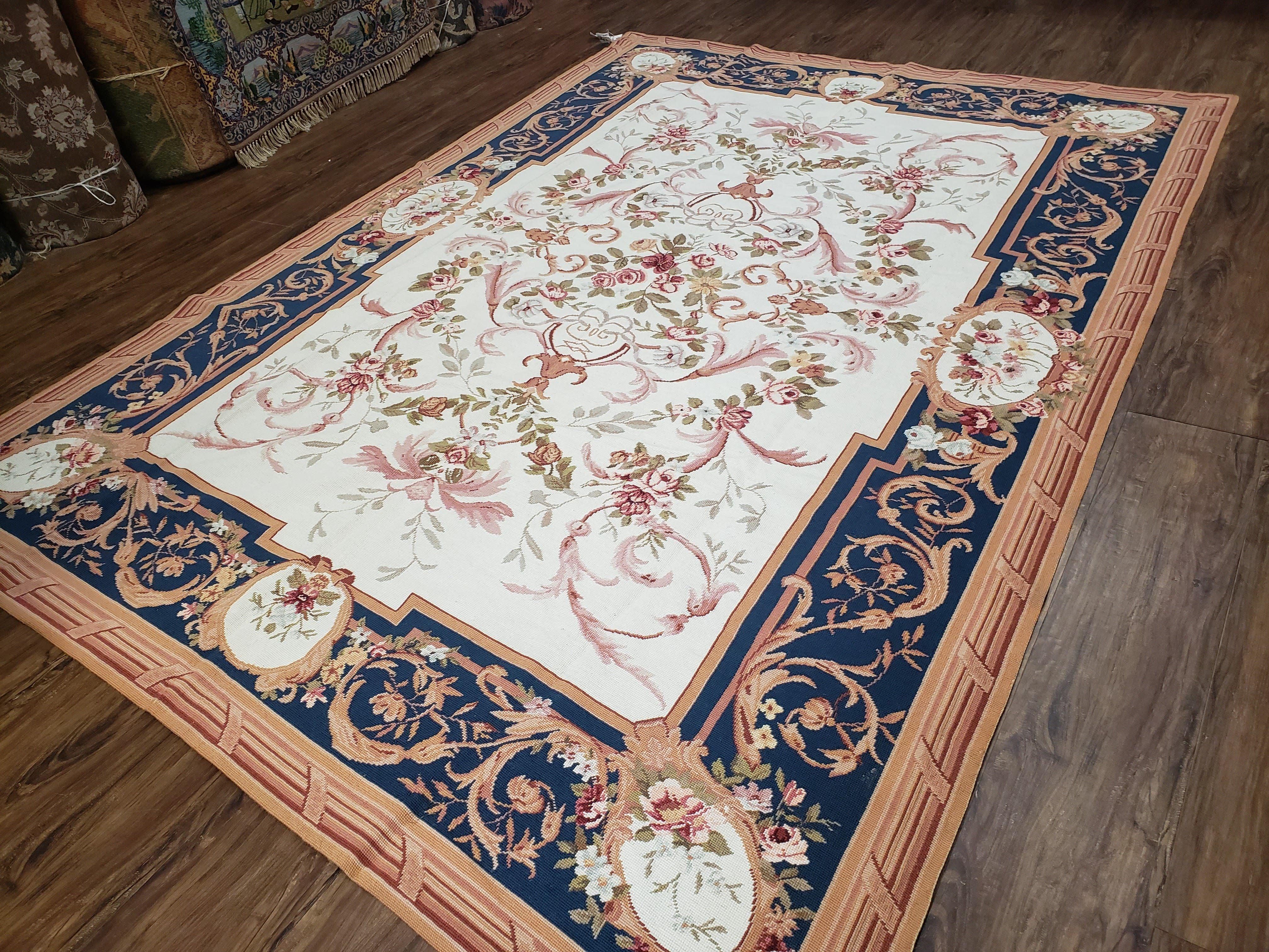 Chinese Aubusson Savonnerie Area Rug 6x8, Vintage Hand-Woven Needlepoint Rug, Flat Weave Handmade Wool Carpet Living Room Ivory & Navy Blue - Image 10