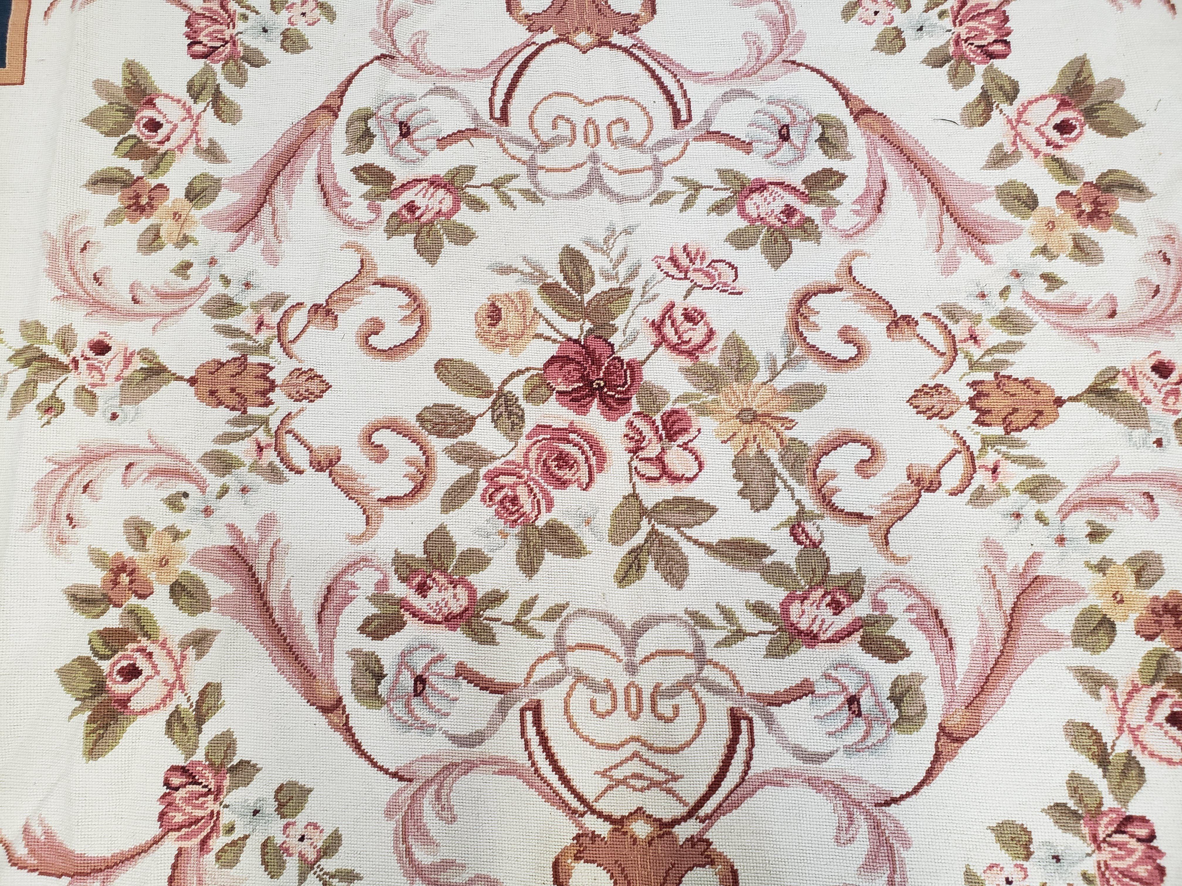 Chinese Aubusson Savonnerie Area Rug 6x8, Vintage Hand-Woven Needlepoint Rug, Flat Weave Handmade Wool Carpet Living Room Ivory & Navy Blue - Image 3