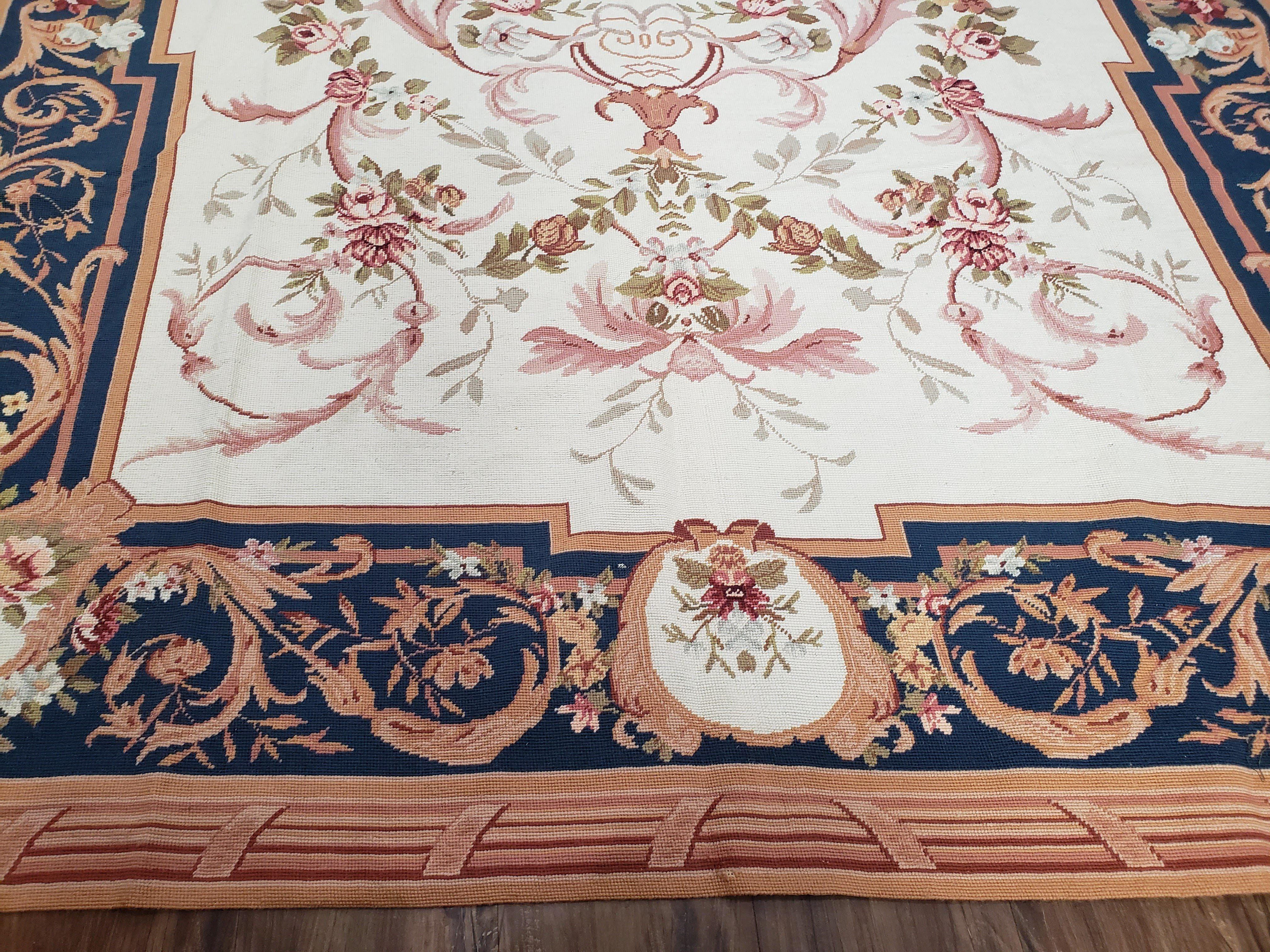 Chinese Aubusson Savonnerie Area Rug 6x8, Vintage Hand-Woven Needlepoint Rug, Flat Weave Handmade Wool Carpet Living Room Ivory & Navy Blue - Image 4
