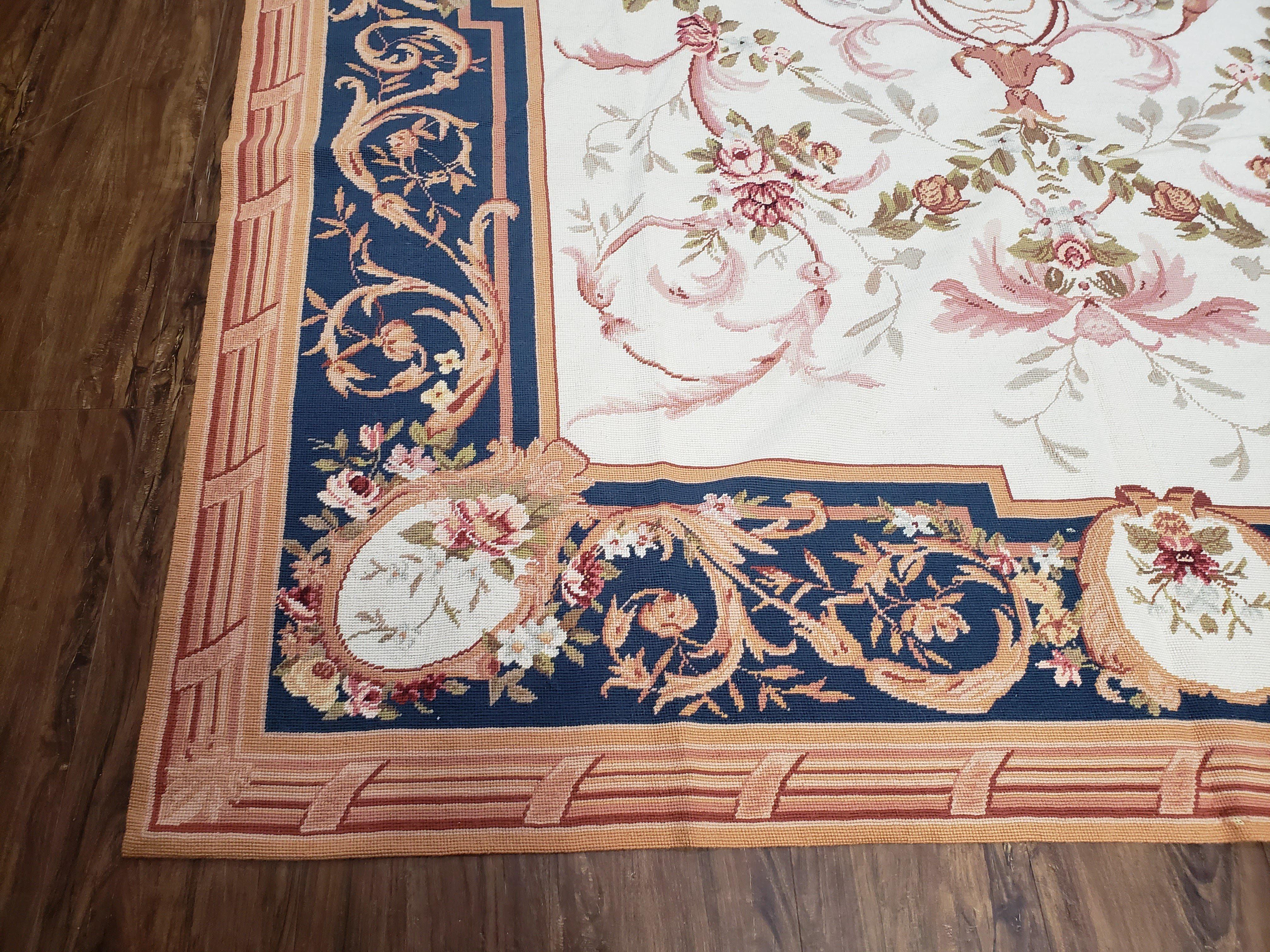 Chinese Aubusson Savonnerie Area Rug 6x8, Vintage Hand-Woven Needlepoint Rug, Flat Weave Handmade Wool Carpet Living Room Ivory & Navy Blue - Image 7