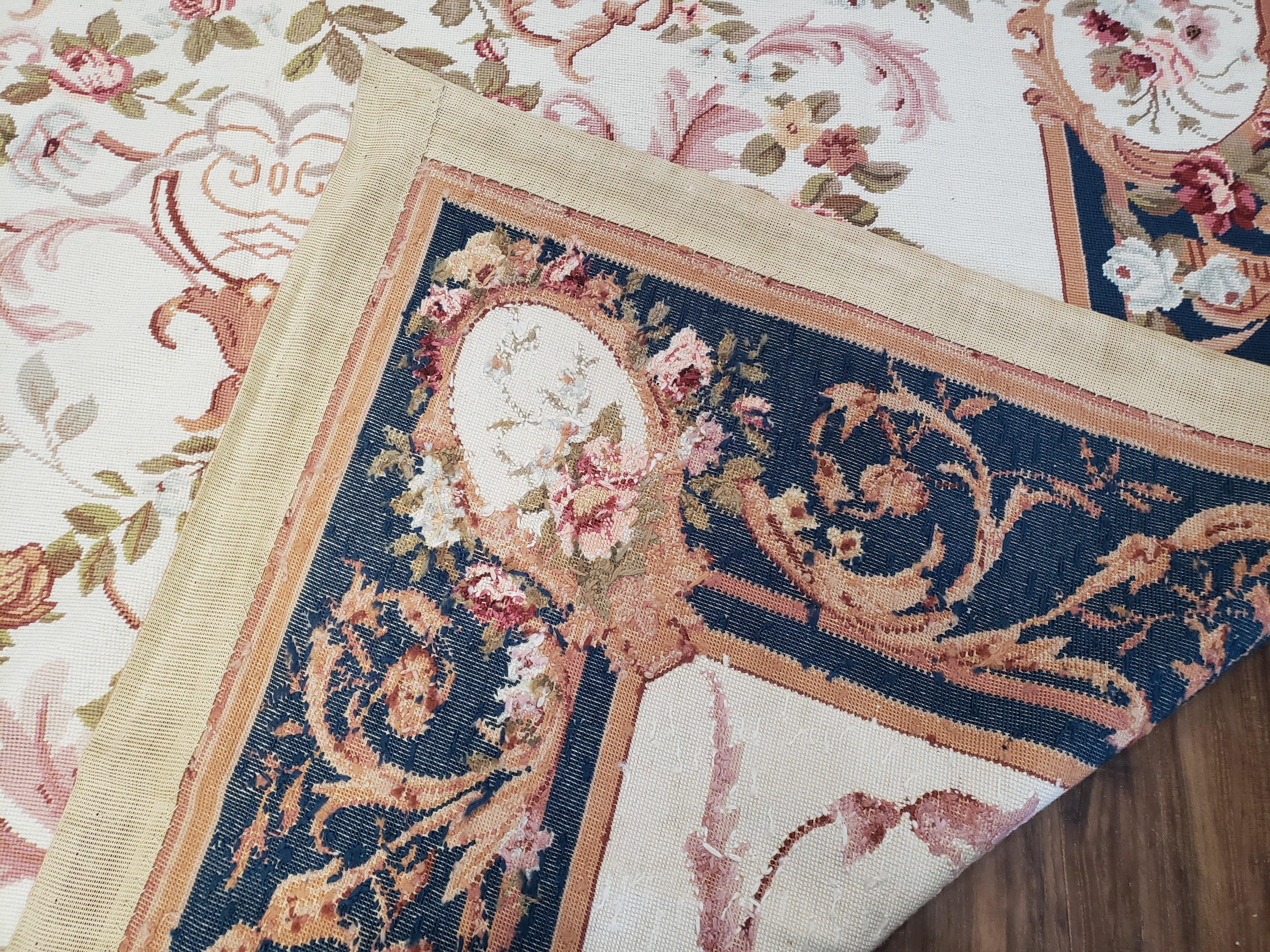 Chinese Aubusson Savonnerie Area Rug 6x8, Vintage Hand-Woven Needlepoint Rug, Flat Weave Handmade Wool Carpet Living Room Ivory & Navy Blue - Image 9