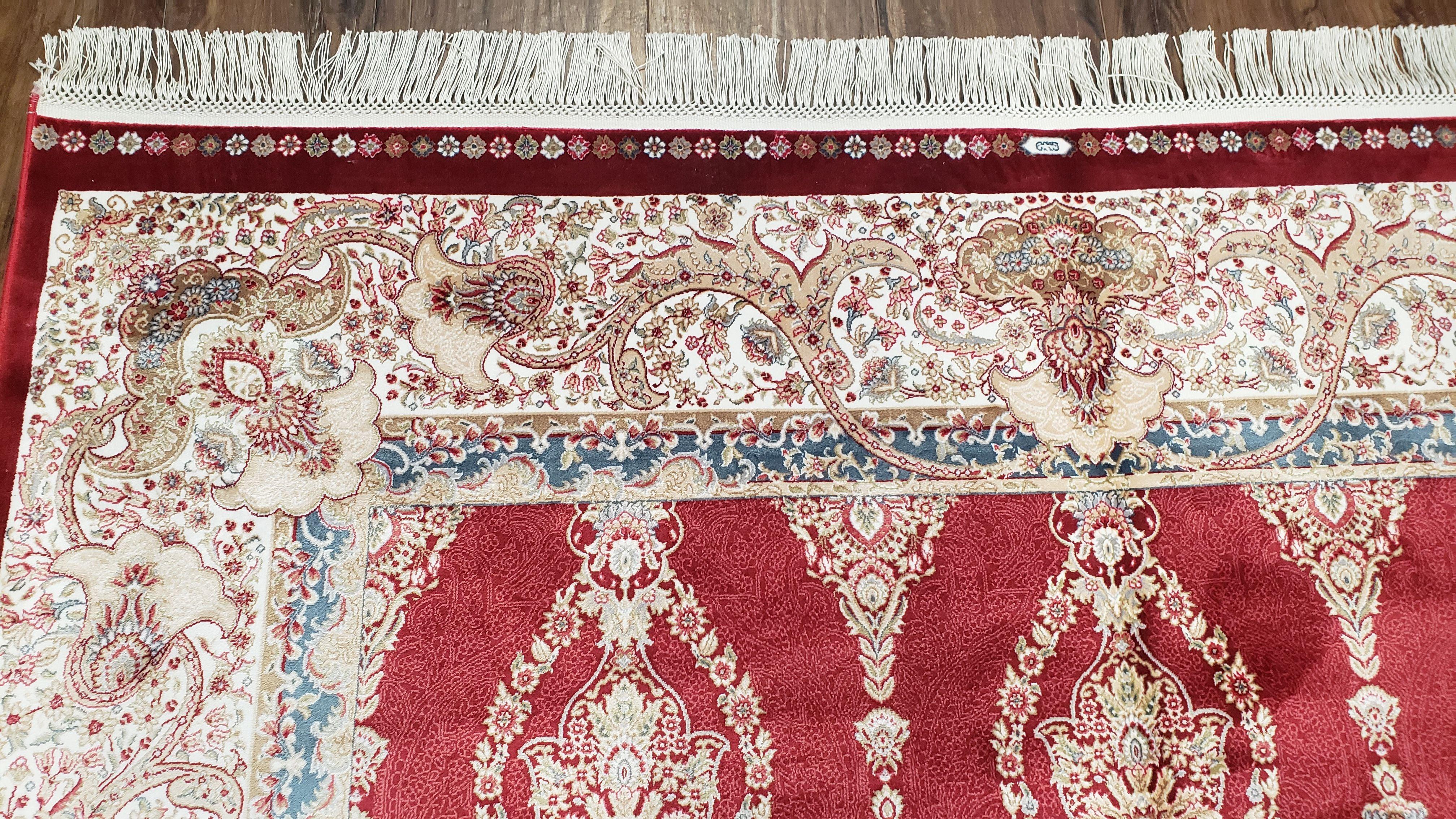 Dark Red Silk Carpet 5.3 x 7.6 ft, 5x8 Silk Rug, New Turkish Silk Carpet, Mint Condition, Beige & Red Area Rug, Bamboo Silk, High Quality - Image 6