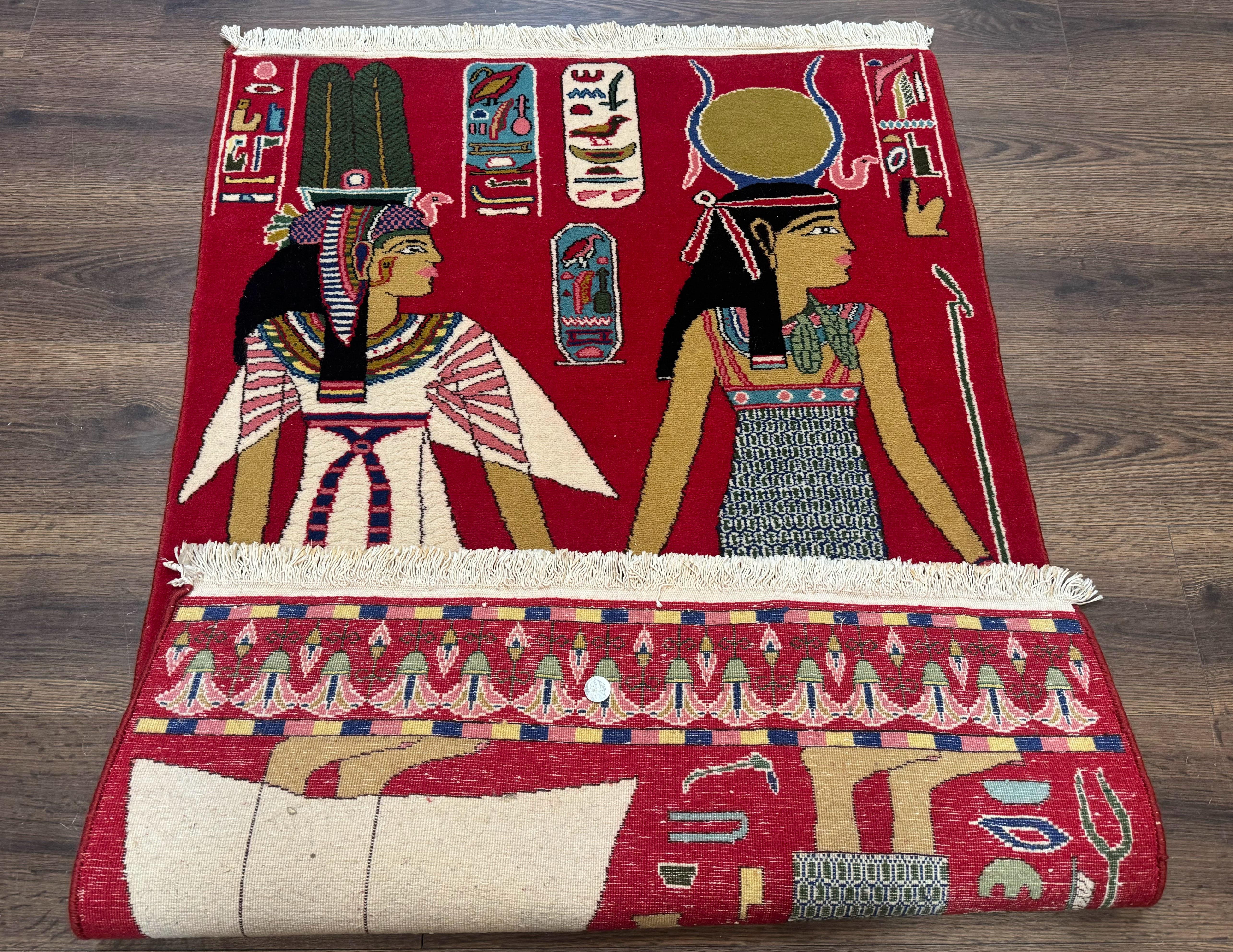 Egyptian Pictorial Rug 3x4, Hieroglyphic Pictorial Rug, Egyptian Prince and Princess, Cleopatra, Vintage Handmade, Red - Image 11