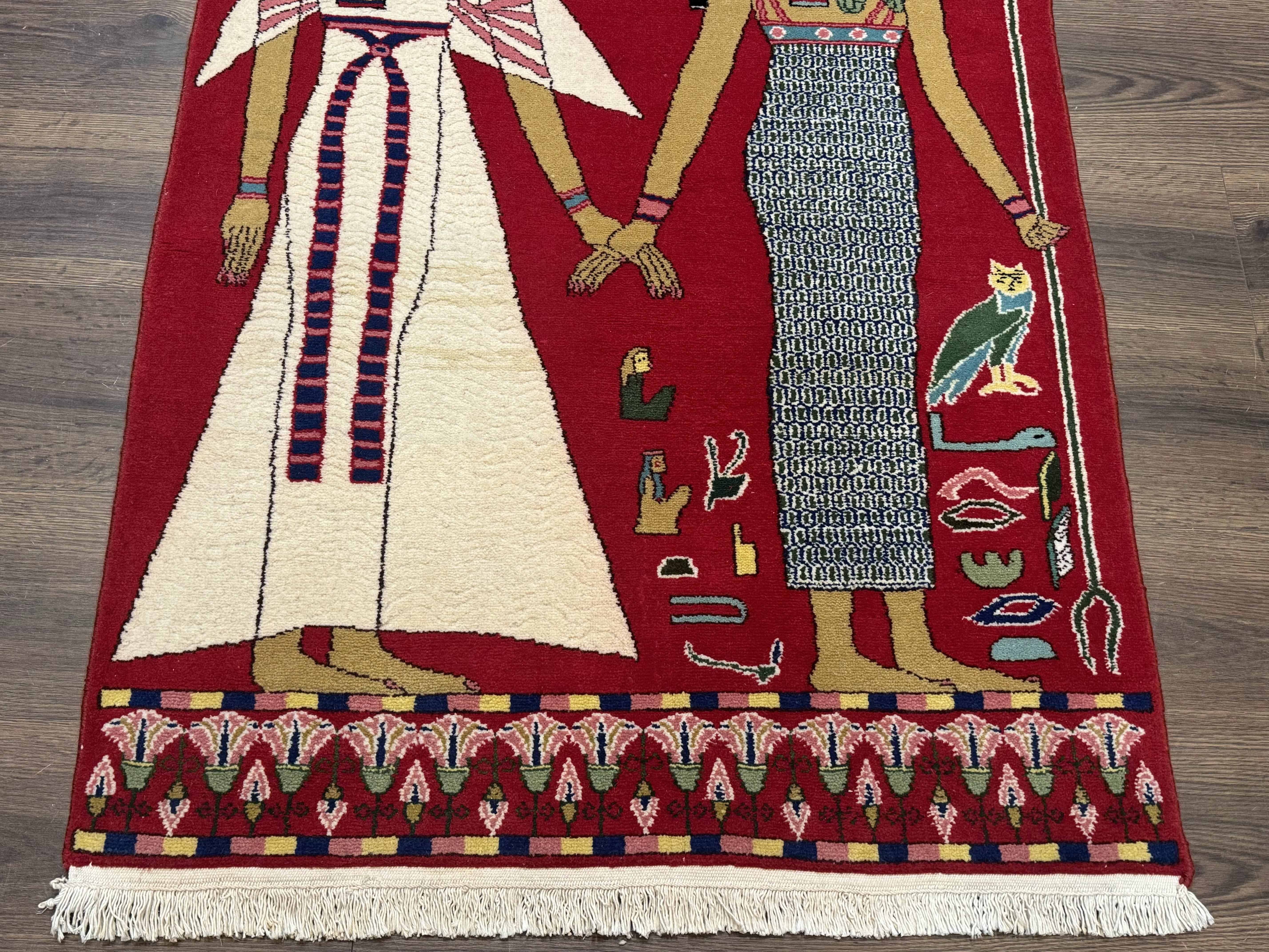 Egyptian Pictorial Rug 3x4, Hieroglyphic Pictorial Rug, Egyptian Prince and Princess, Cleopatra, Vintage Handmade, Red - Image 2