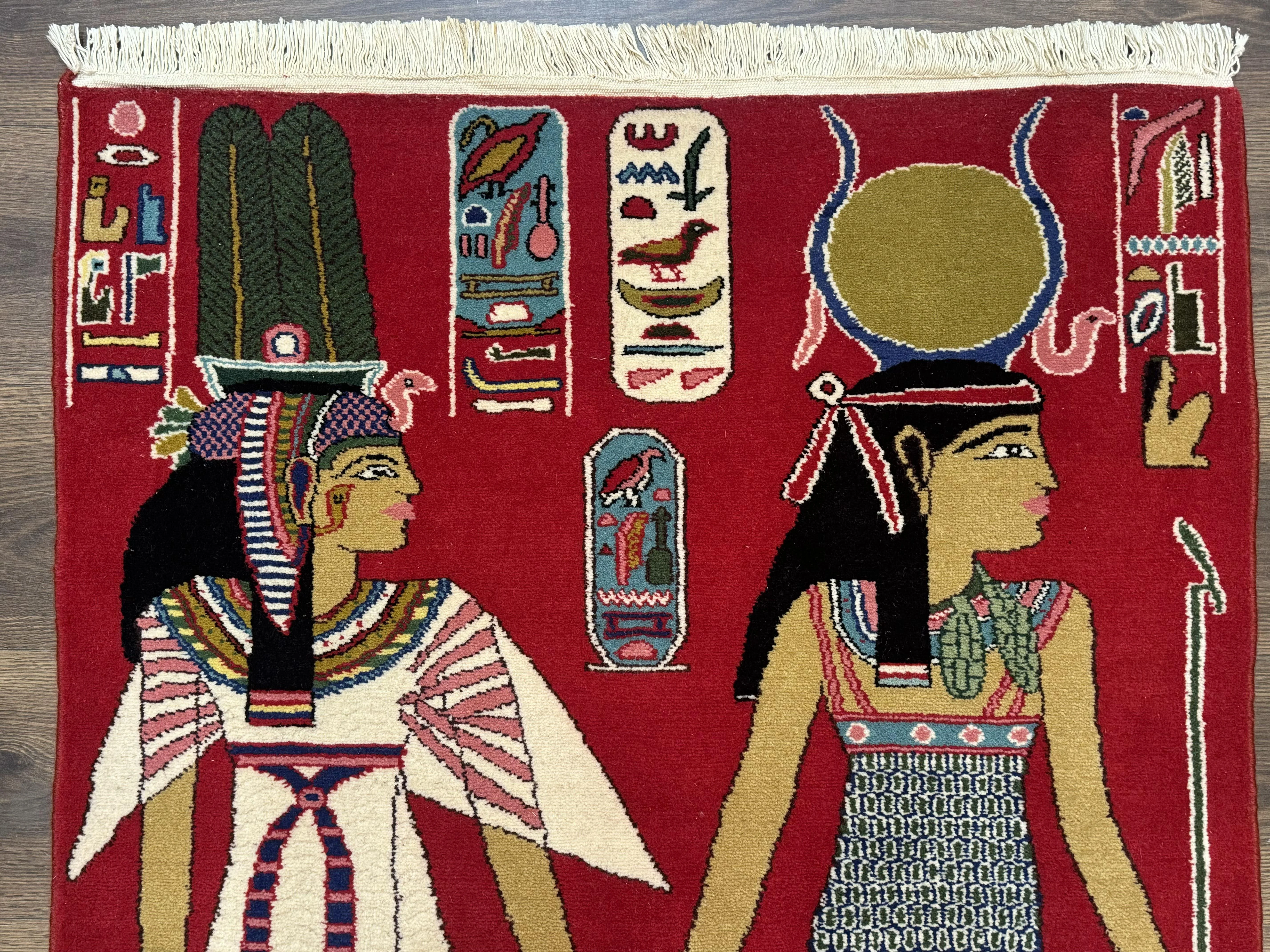 Egyptian Pictorial Rug 3x4, Hieroglyphic Pictorial Rug, Egyptian Prince and Princess, Cleopatra, Vintage Handmade, Red - Image 3