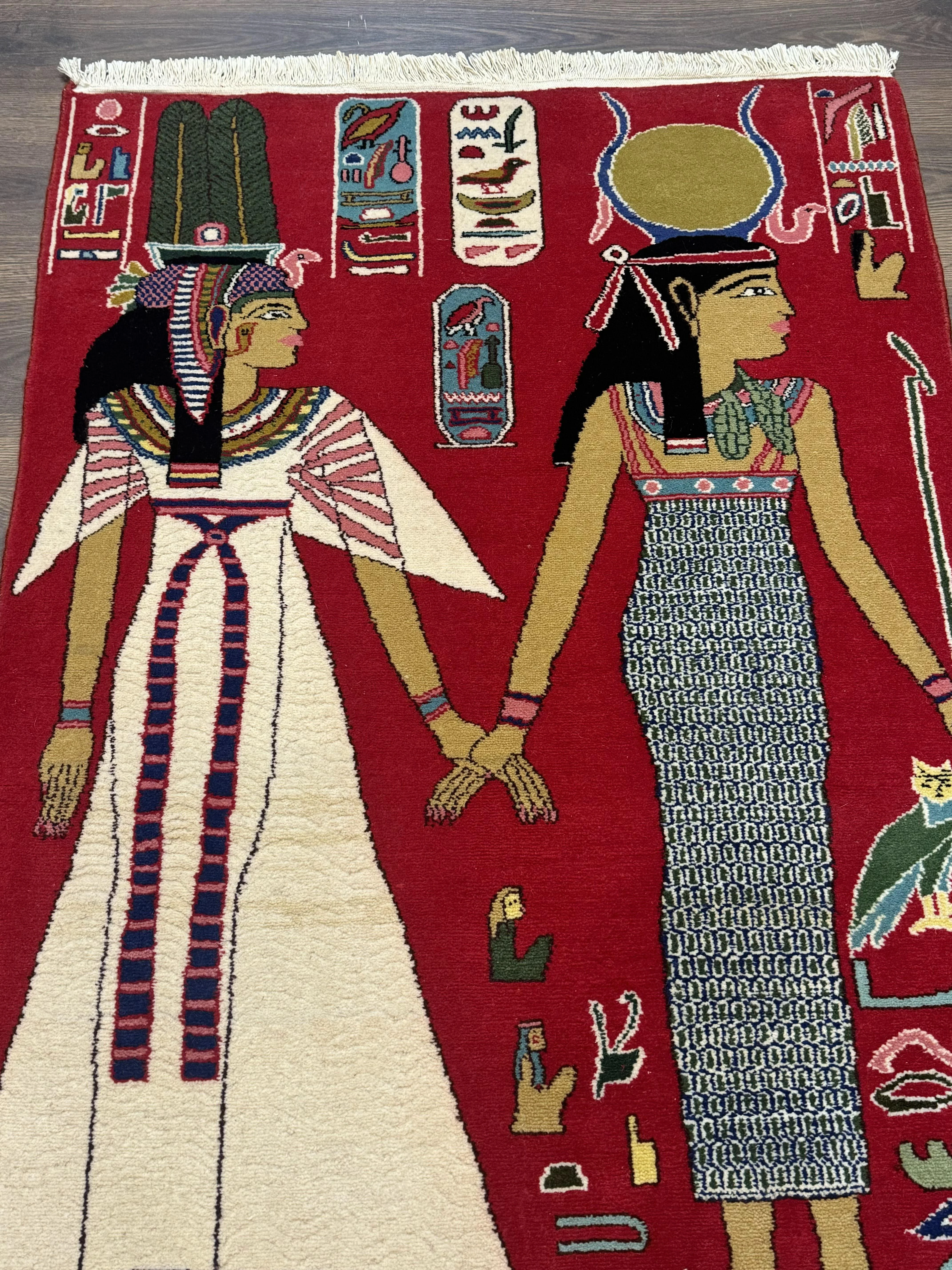 Egyptian Pictorial Rug 3x4, Hieroglyphic Pictorial Rug, Egyptian Prince and Princess, Cleopatra, Vintage Handmade, Red - Image 4
