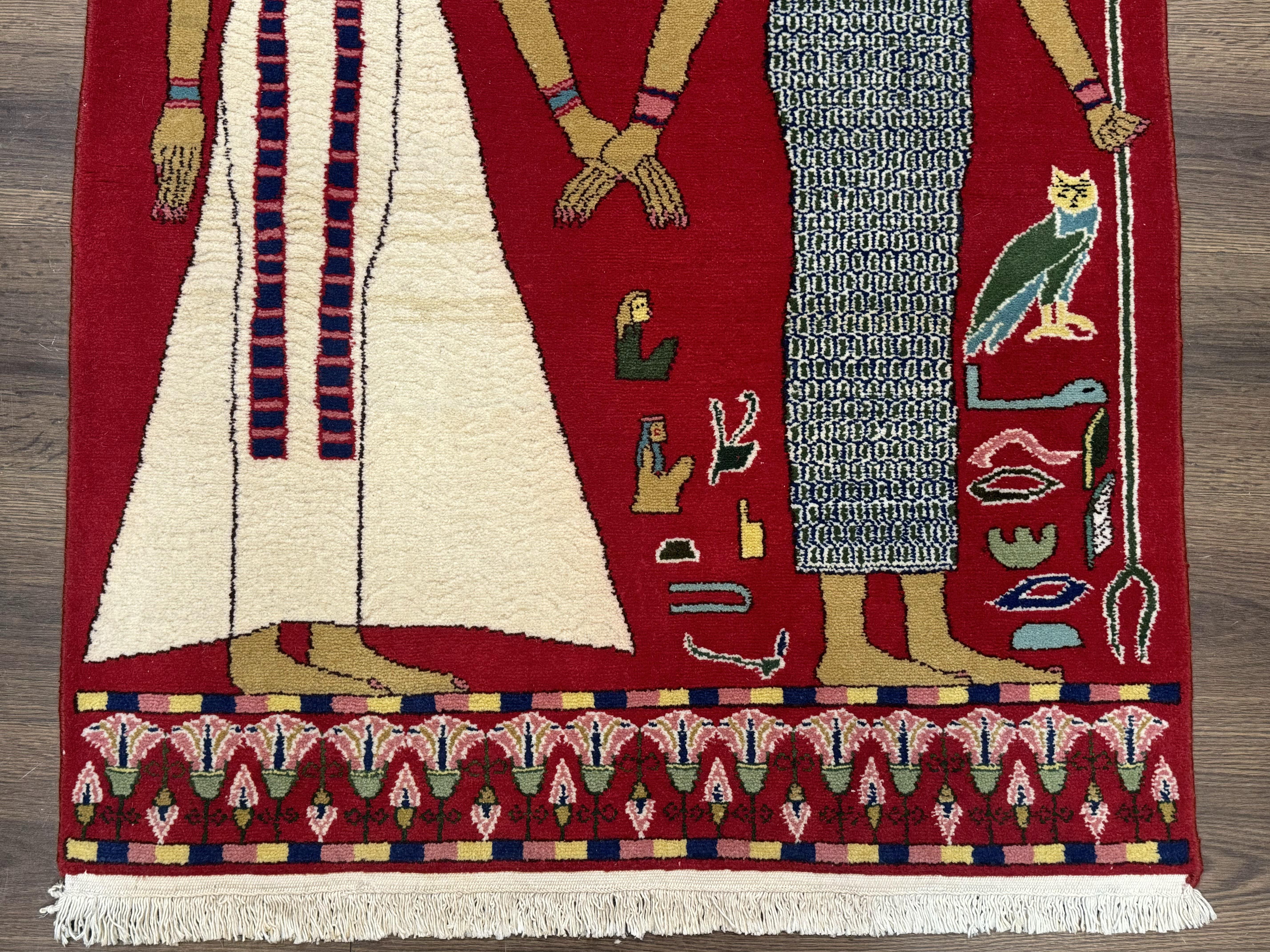Egyptian Pictorial Rug 3x4, Hieroglyphic Pictorial Rug, Egyptian Prince and Princess, Cleopatra, Vintage Handmade, Red - Image 5
