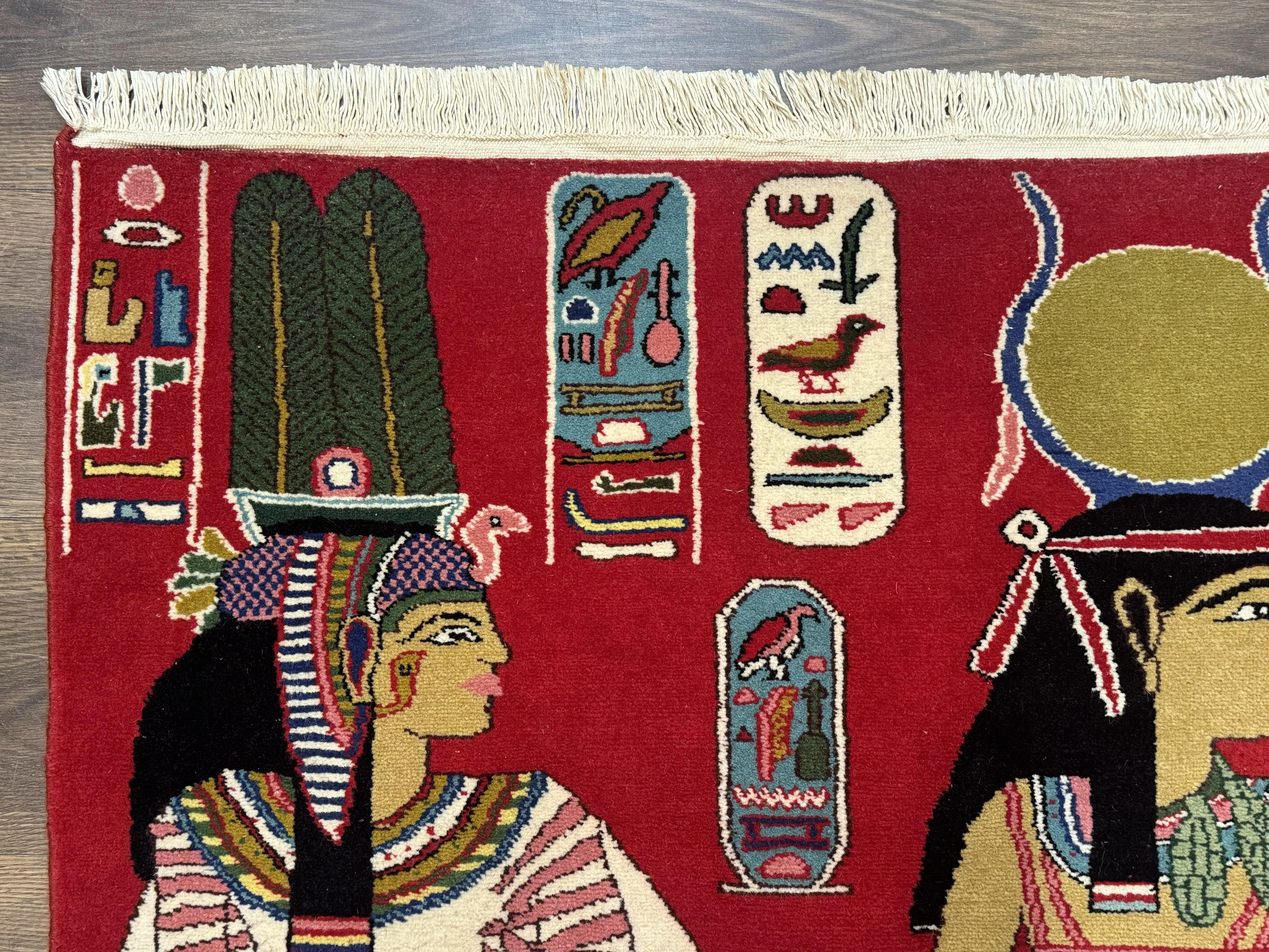 Egyptian Pictorial Rug 3x4, Hieroglyphic Pictorial Rug, Egyptian Prince and Princess, Cleopatra, Vintage Handmade, Red - Image 6