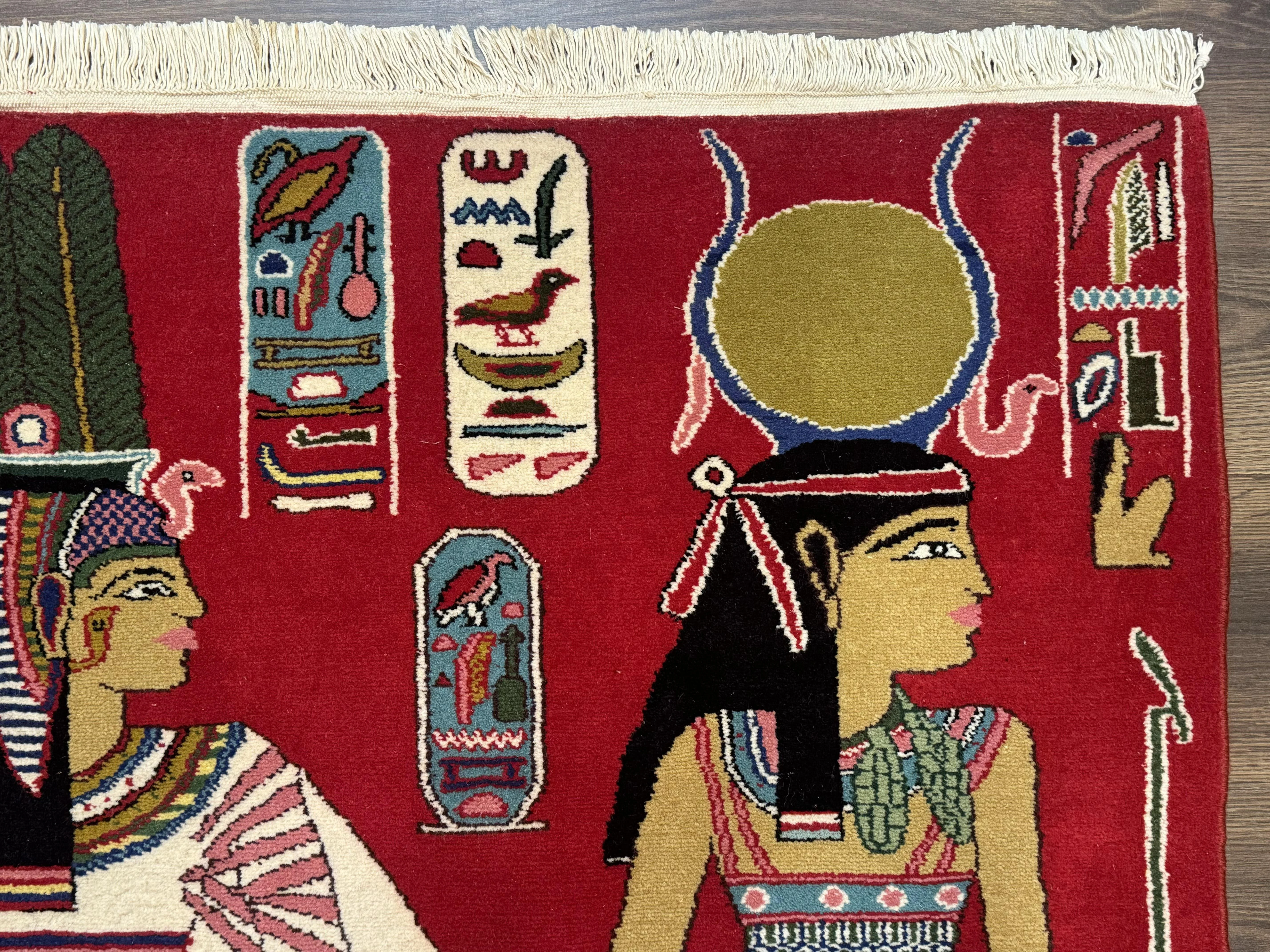 Egyptian Pictorial Rug 3x4, Hieroglyphic Pictorial Rug, Egyptian Prince and Princess, Cleopatra, Vintage Handmade, Red - Image 7