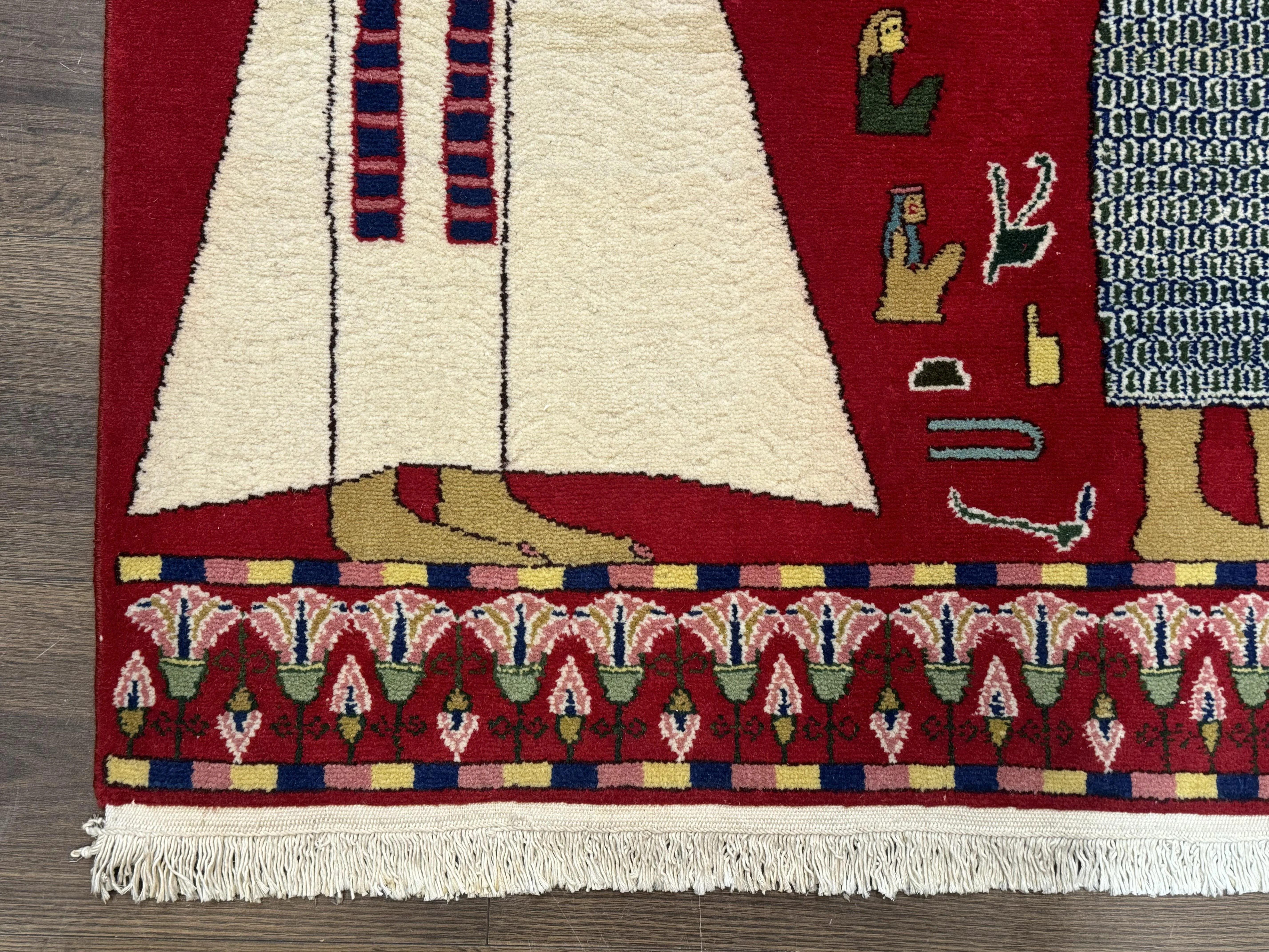 Egyptian Pictorial Rug 3x4, Hieroglyphic Pictorial Rug, Egyptian Prince and Princess, Cleopatra, Vintage Handmade, Red - Image 8