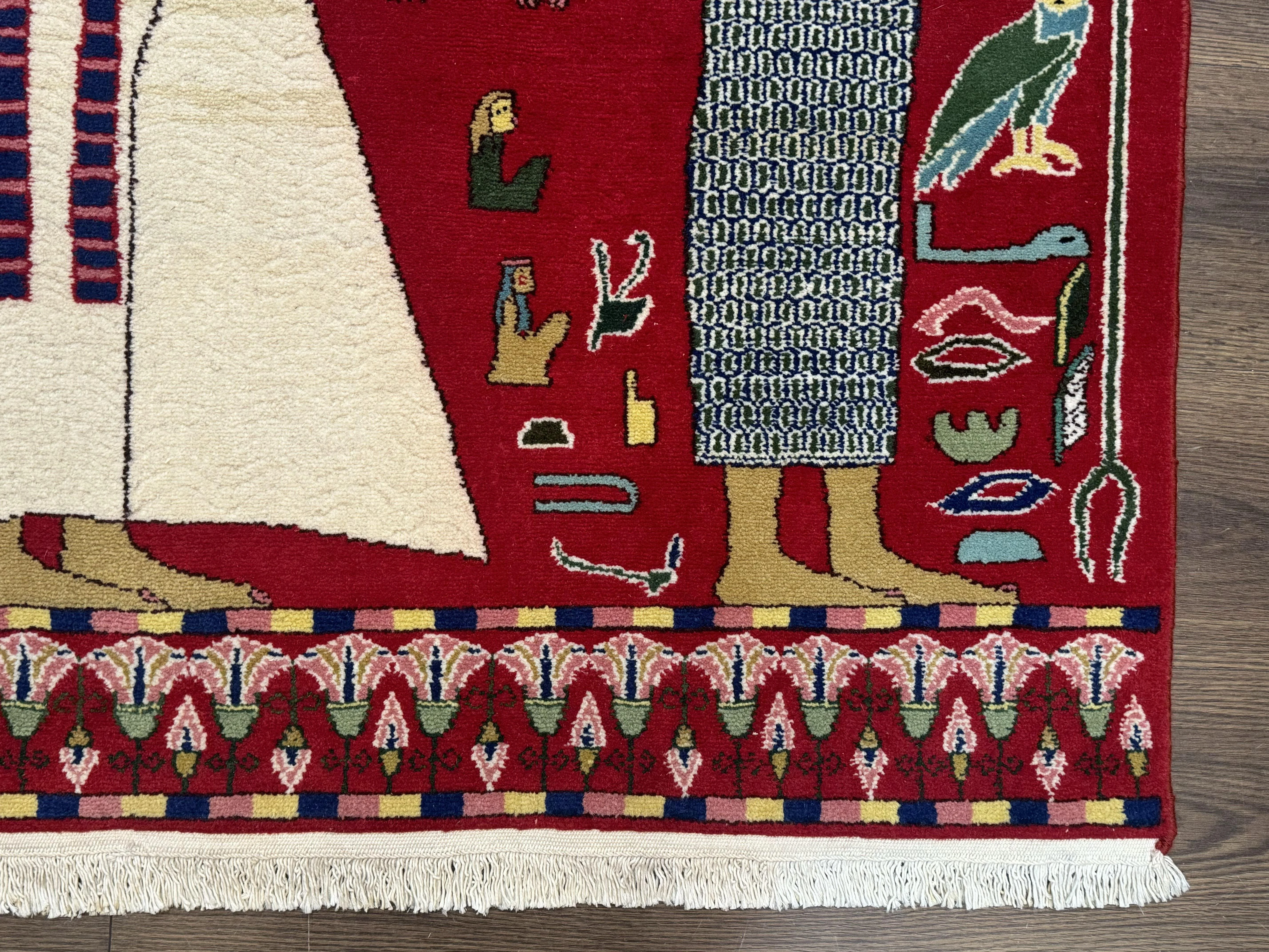 Egyptian Pictorial Rug 3x4, Hieroglyphic Pictorial Rug, Egyptian Prince and Princess, Cleopatra, Vintage Handmade, Red - Image 9