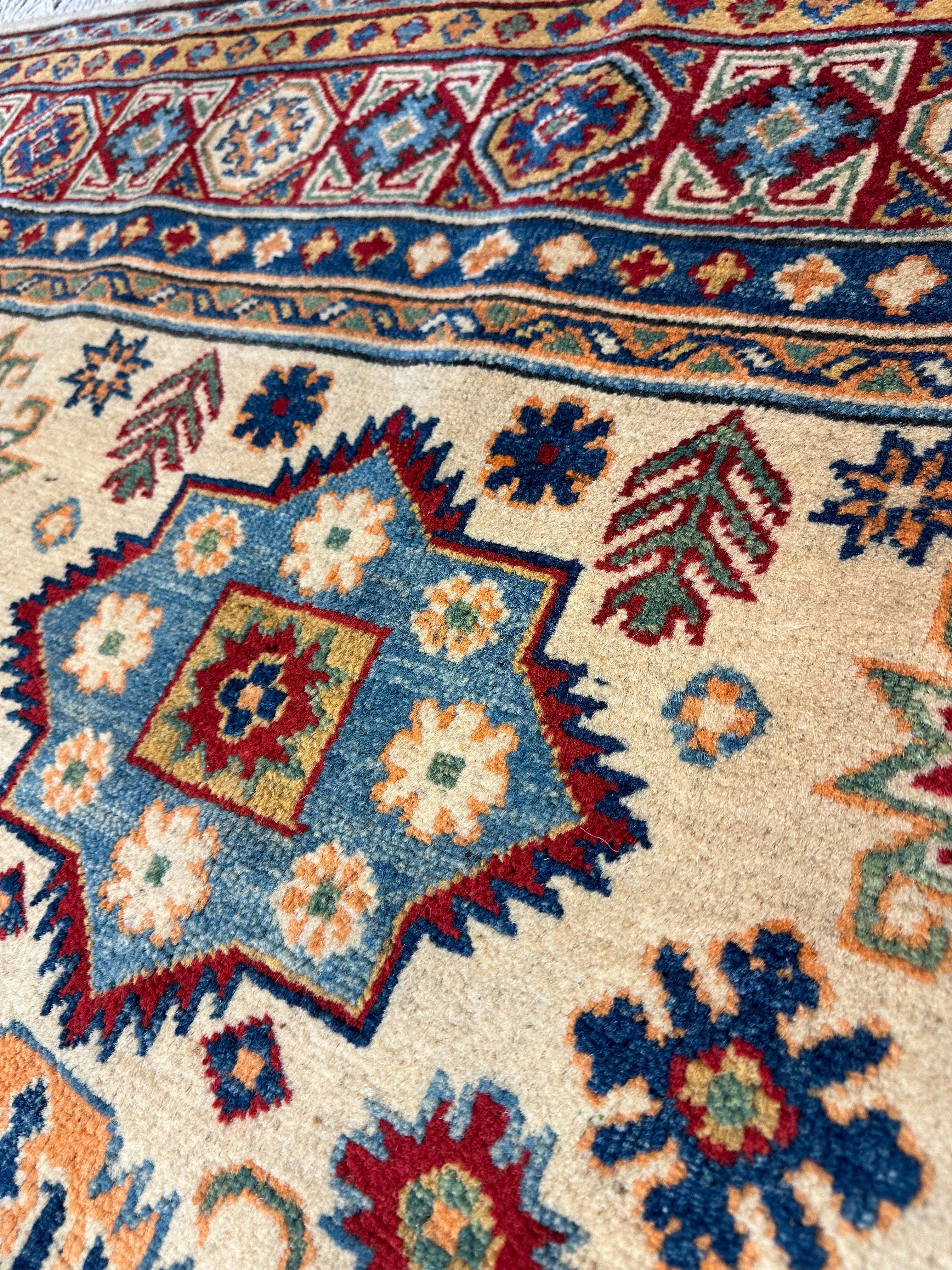 Fine Hand Knotted Afghani Super Kazak Rug 5 x 7 - Image 3