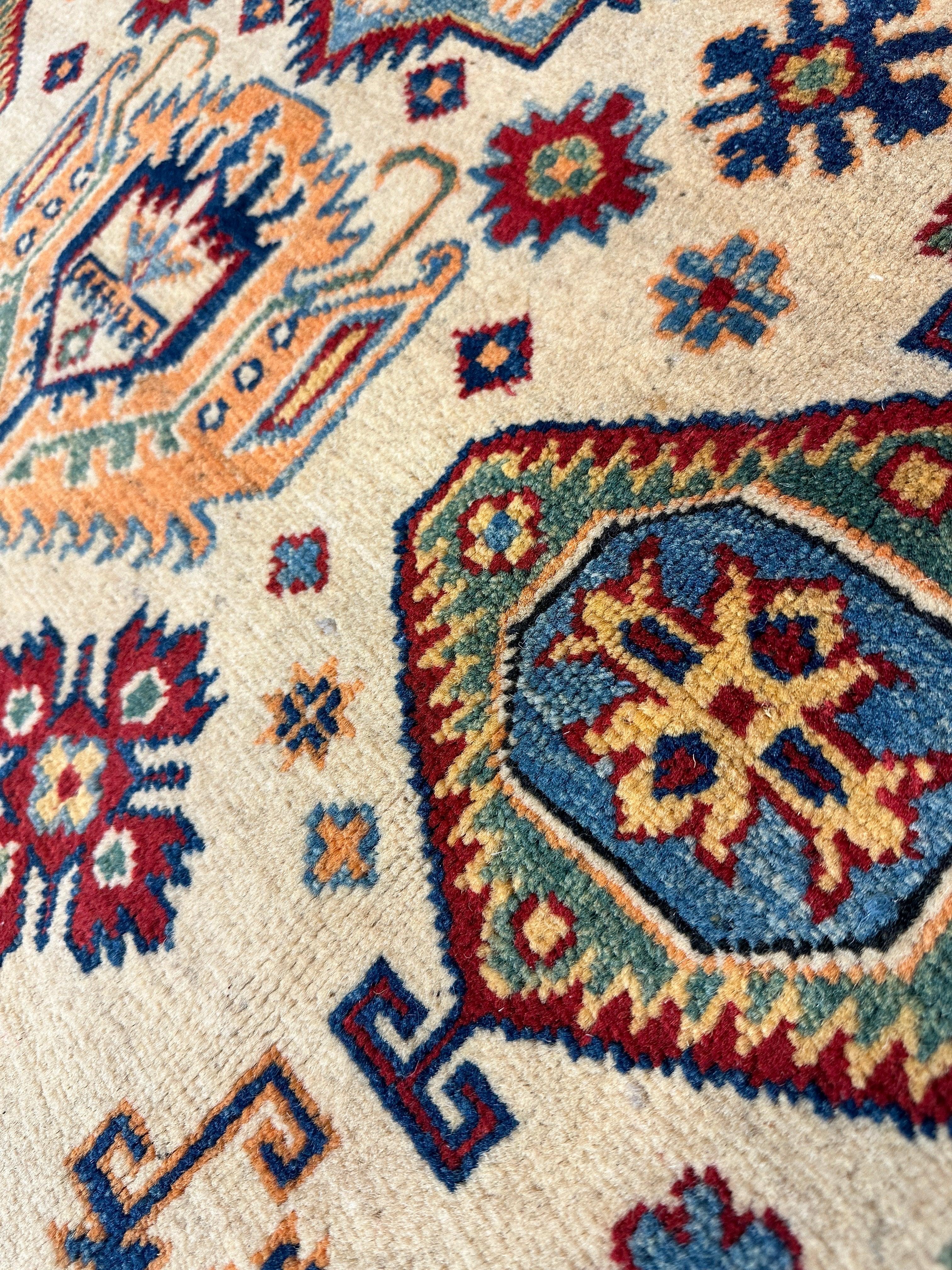 Fine Hand Knotted Afghani Super Kazak Rug 5 x 7 - Image 4