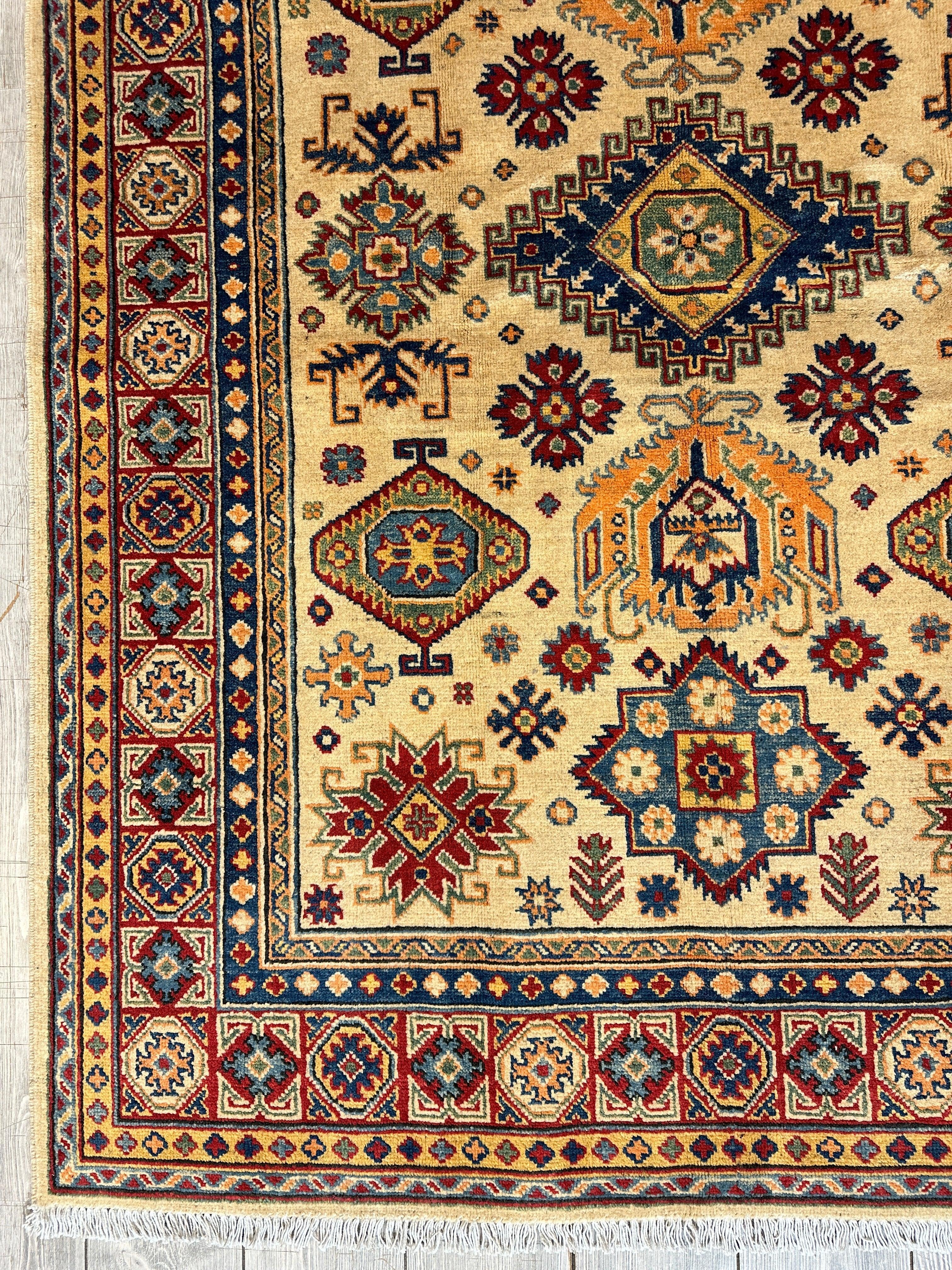 Fine Hand Knotted Afghani Super Kazak Rug 5 x 7 - Image 7