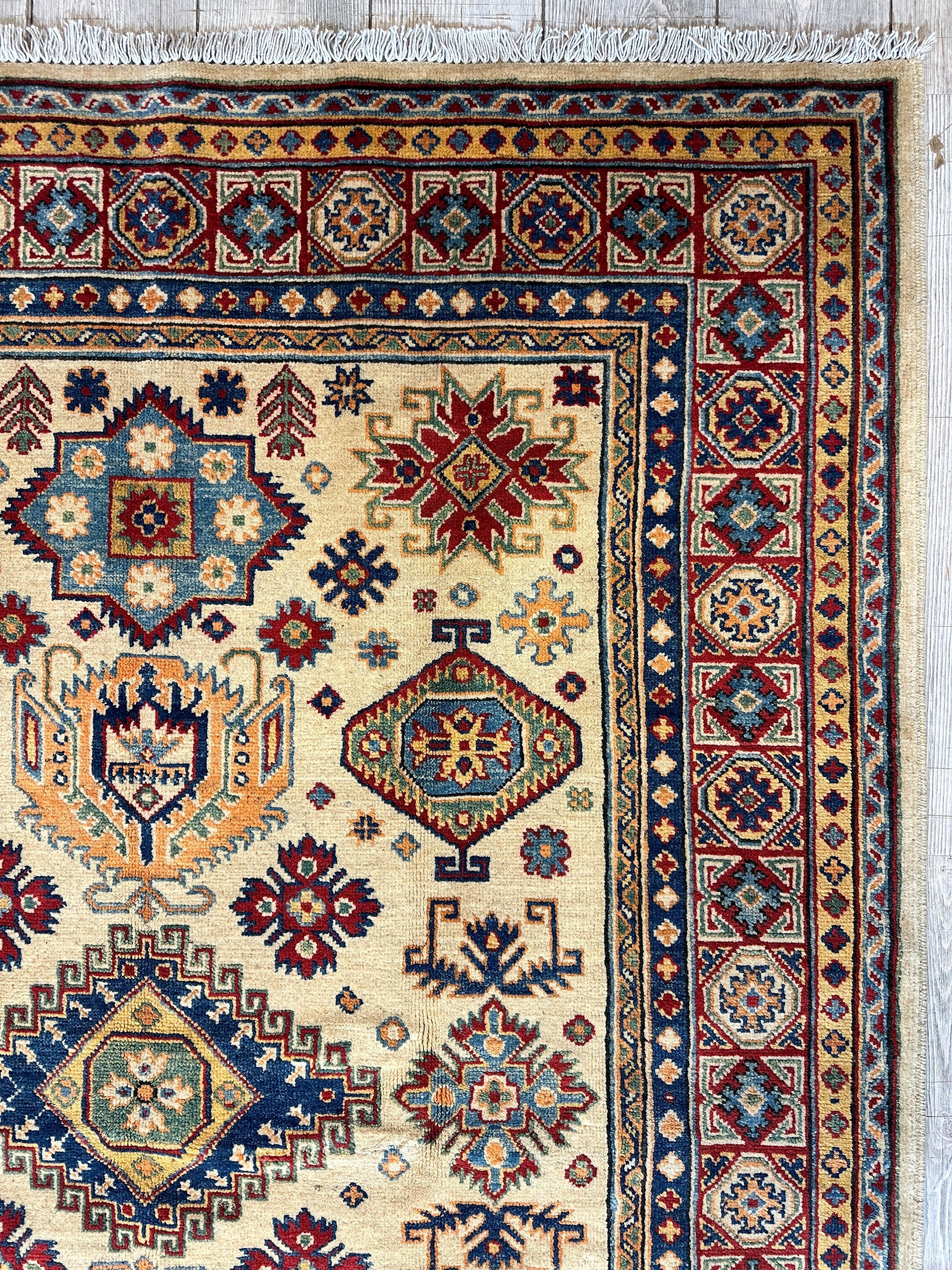 Fine Hand Knotted Afghani Super Kazak Rug 5 x 7 - Image 9