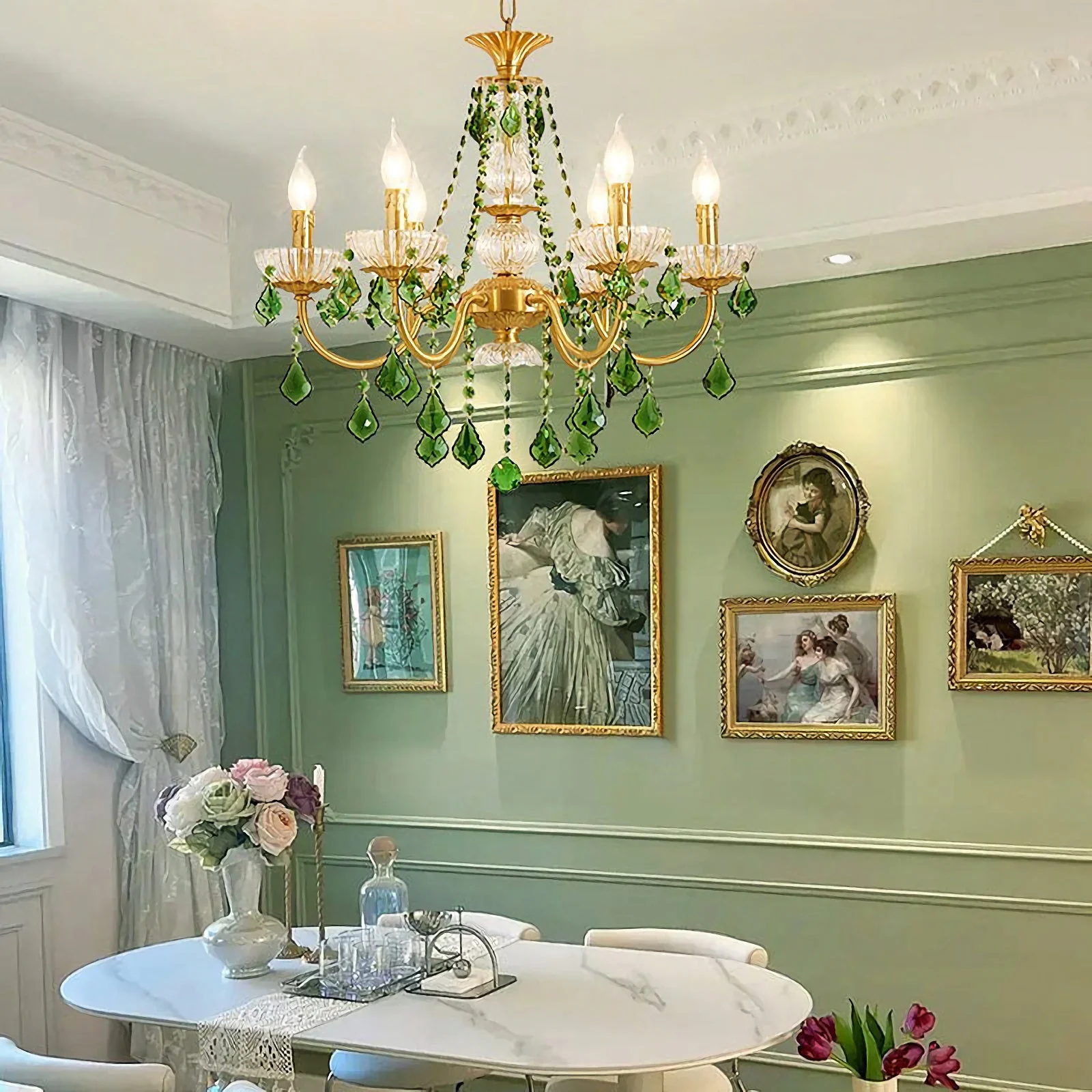 French Retro Green Crystal Chandelier - Image 4