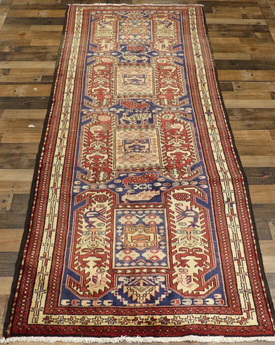 Geometric Meshkin Persian Vintage Runner Rug Handmade Wool Carpet - 4'0"x 10'4" - Image 3